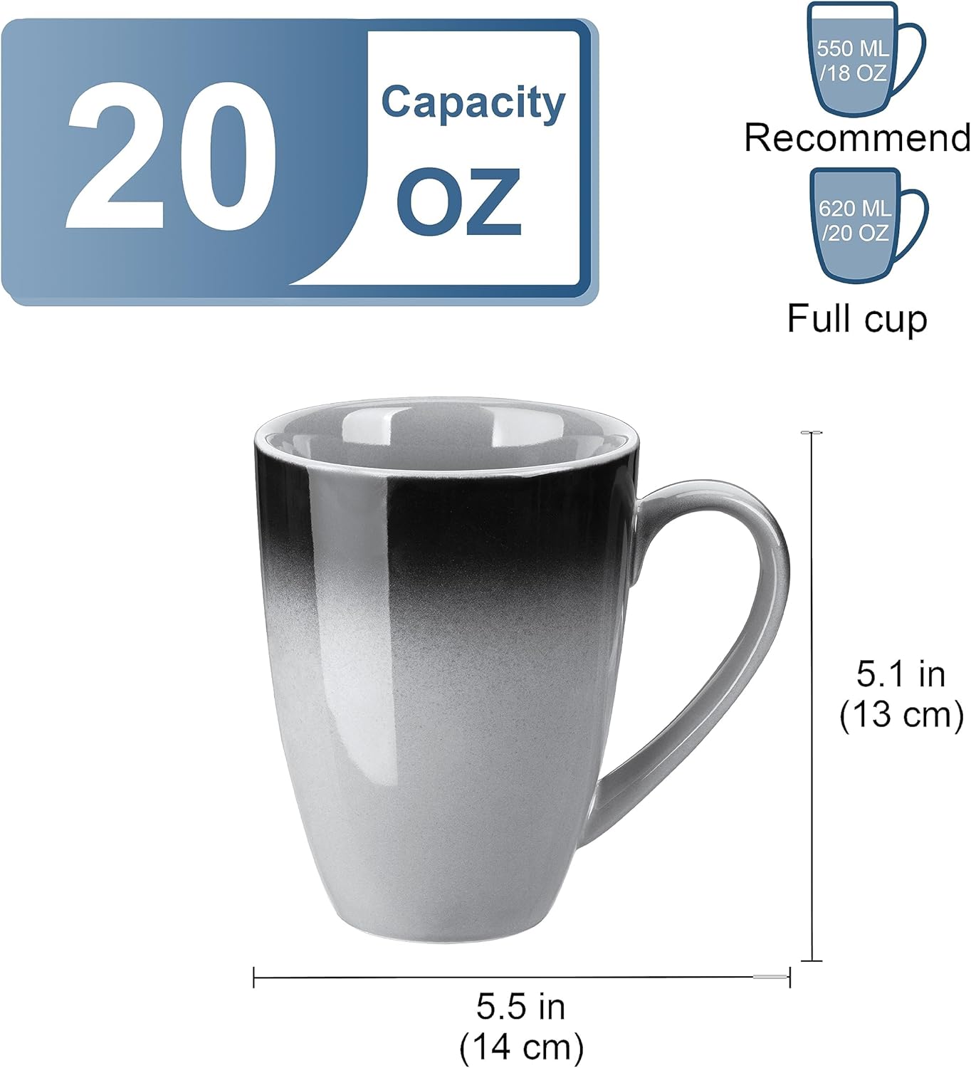 LOVECASA Juego de 4 tazas de café, tazas de porcelana de 20 onzas para café, té, cacao, capuchino, café con leche y leche, diseño de mango grande,