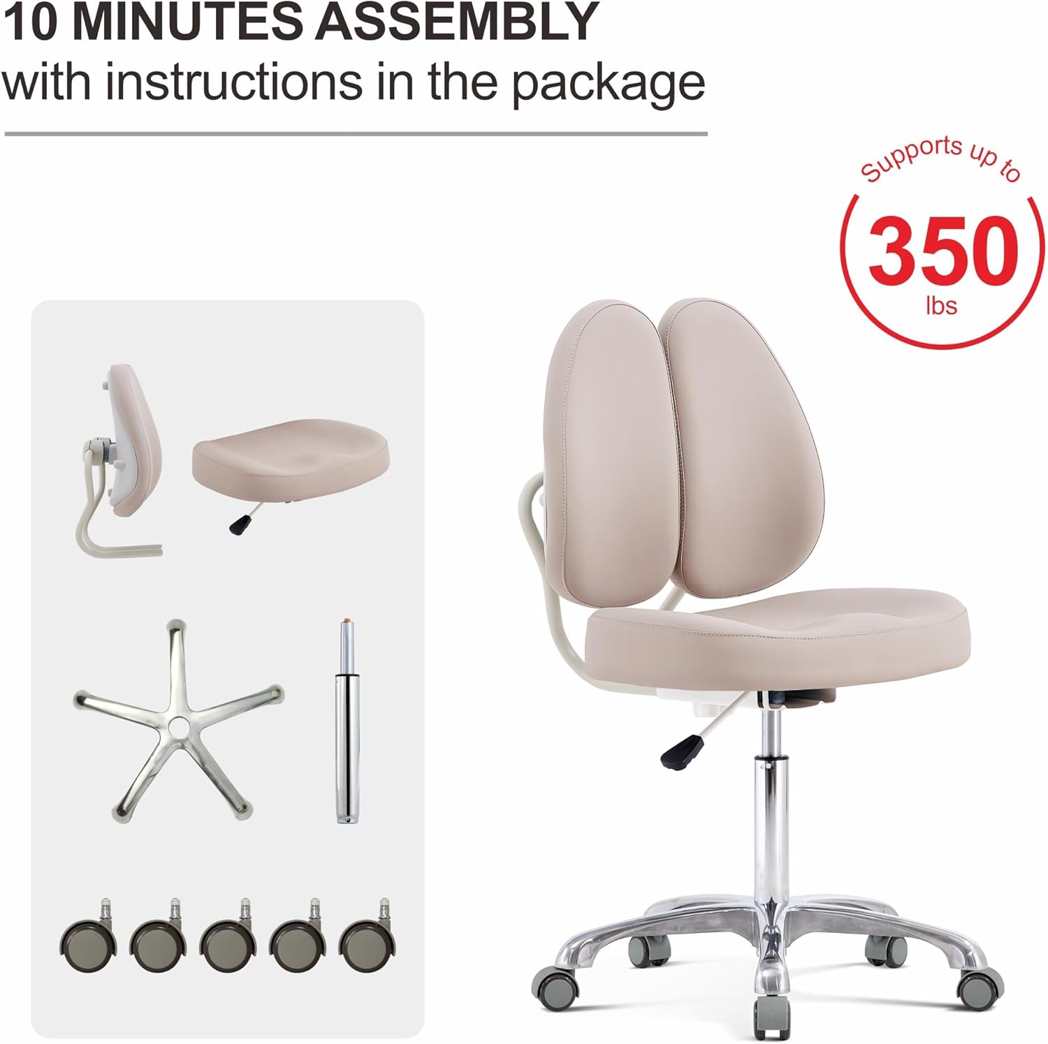HNKastela Silla rodante con soporte de respaldo  Taburete de tienda de altura ajustable con ruedas para esteticista, pestañas, maquillaje,
