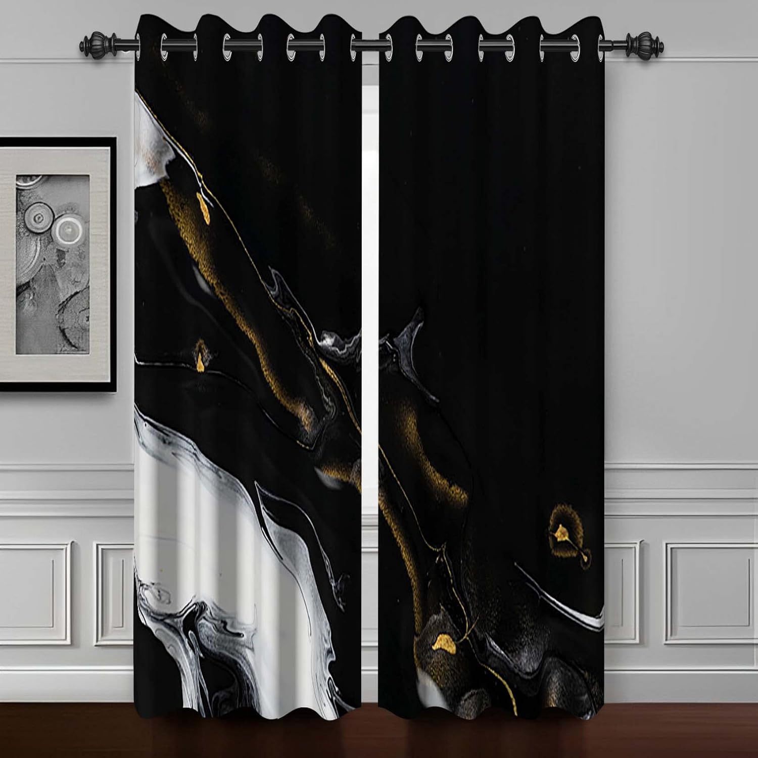 Baocicco Cortinas opacas de mármol negro para ventana, textura blanca abstracta, cortinas de oscurecimiento de mármol con ojales inoxidables, arte