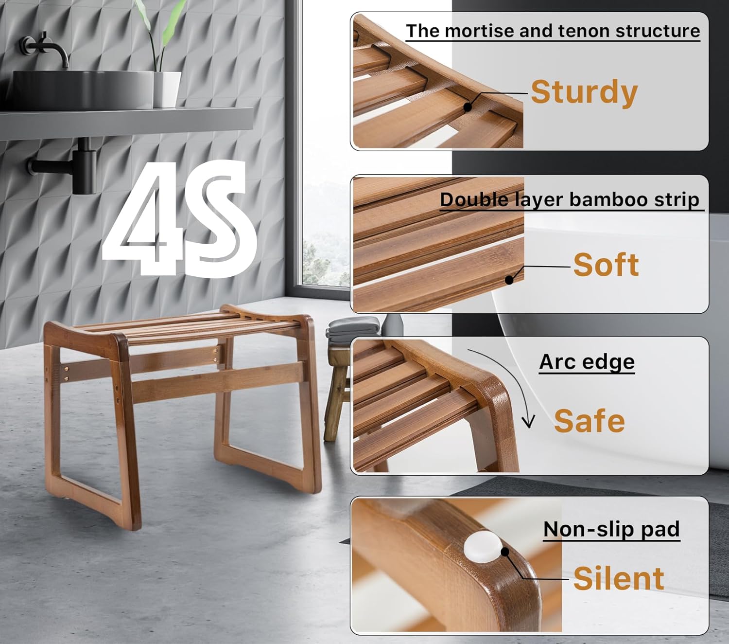 Taburete cuadrado de madera suave para mesa de té, cama, bañera, taburete clásico de madera marrón, taburete de bambú para niños, taburete de baño