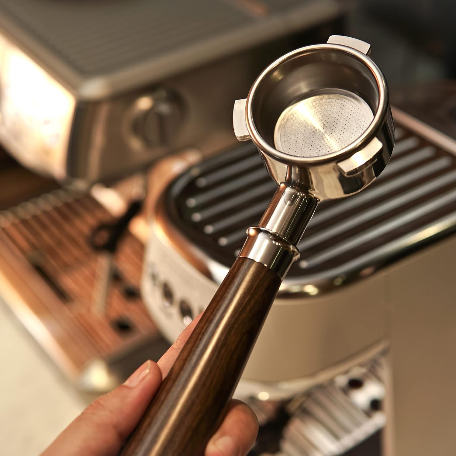 Portafiltro sin fondo de 2.126in, portafiltro de 2.126in, madera maciza más oscura, filtro de cesta de acero 304 para Breville Barista Express,