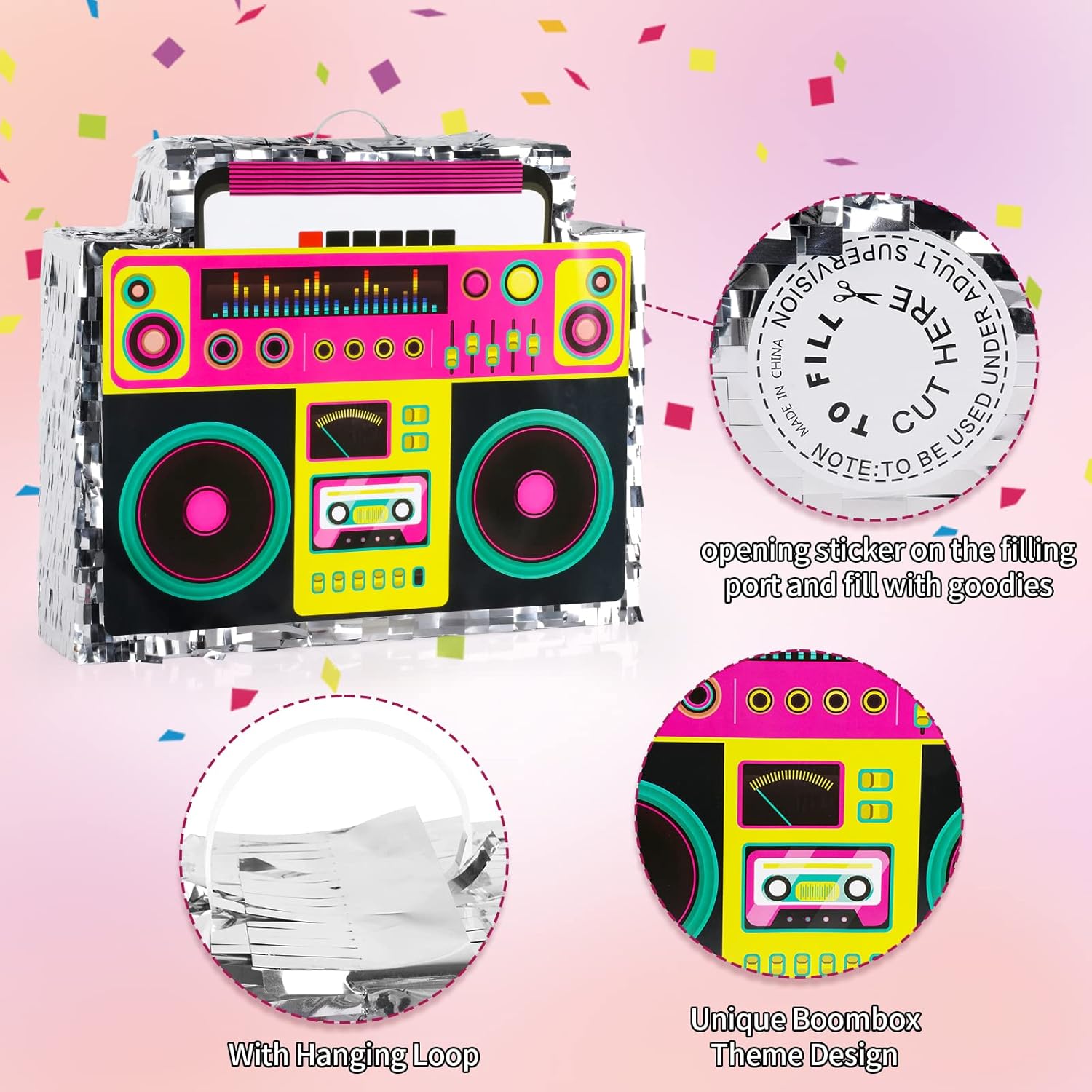 Waenerec Piñata Boombox con palillo de piñata y lazo para colgar, estilo retro de los años 90, hip hop, juego de piñata mexicana para fiesta de