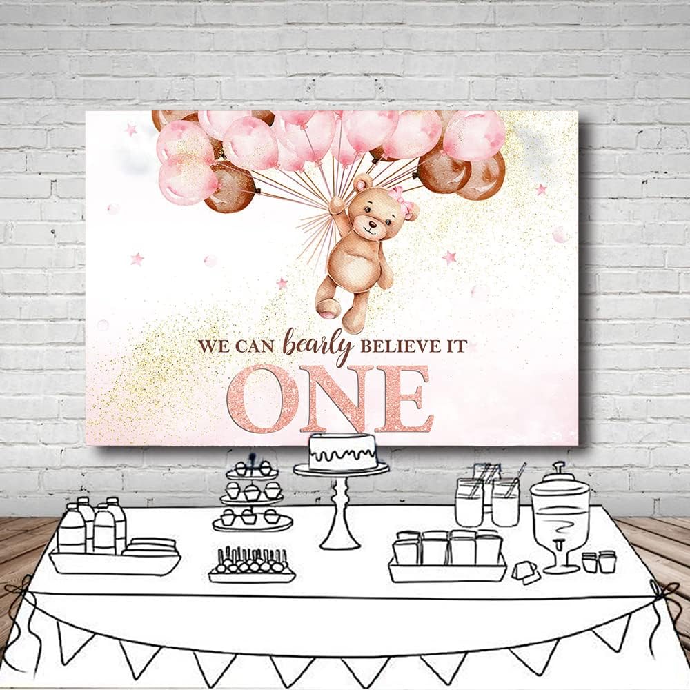 MEHOFOND Telón de fondo de oso para el primer cumpleaños para niñas, con texto en inglés “We Can Bearly Believe It One Happy First Birthday”,