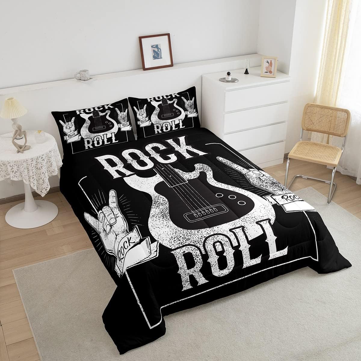 Erosebridal Juego de ropa de cama de guitarra, juego de ropa de cama de música rock, juego de edredón de guitarra eléctrica grunge, edredón con