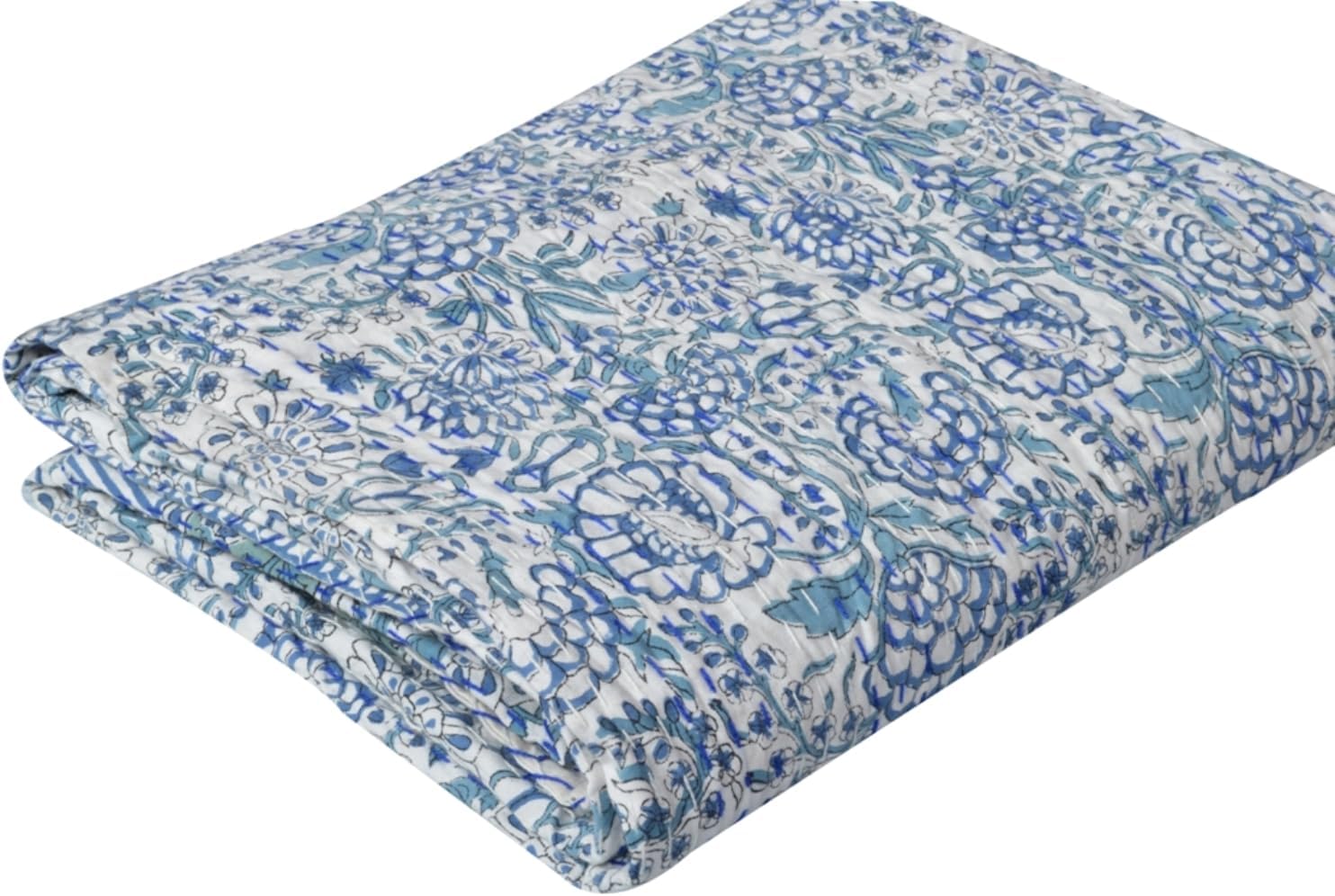 Kantha Bedspreas – Colcha con estampado de bloques indios, tamaño Queen, manta Kantha Bedspreas de algodón puro (90 x 108 pulgadas, floral blanco)