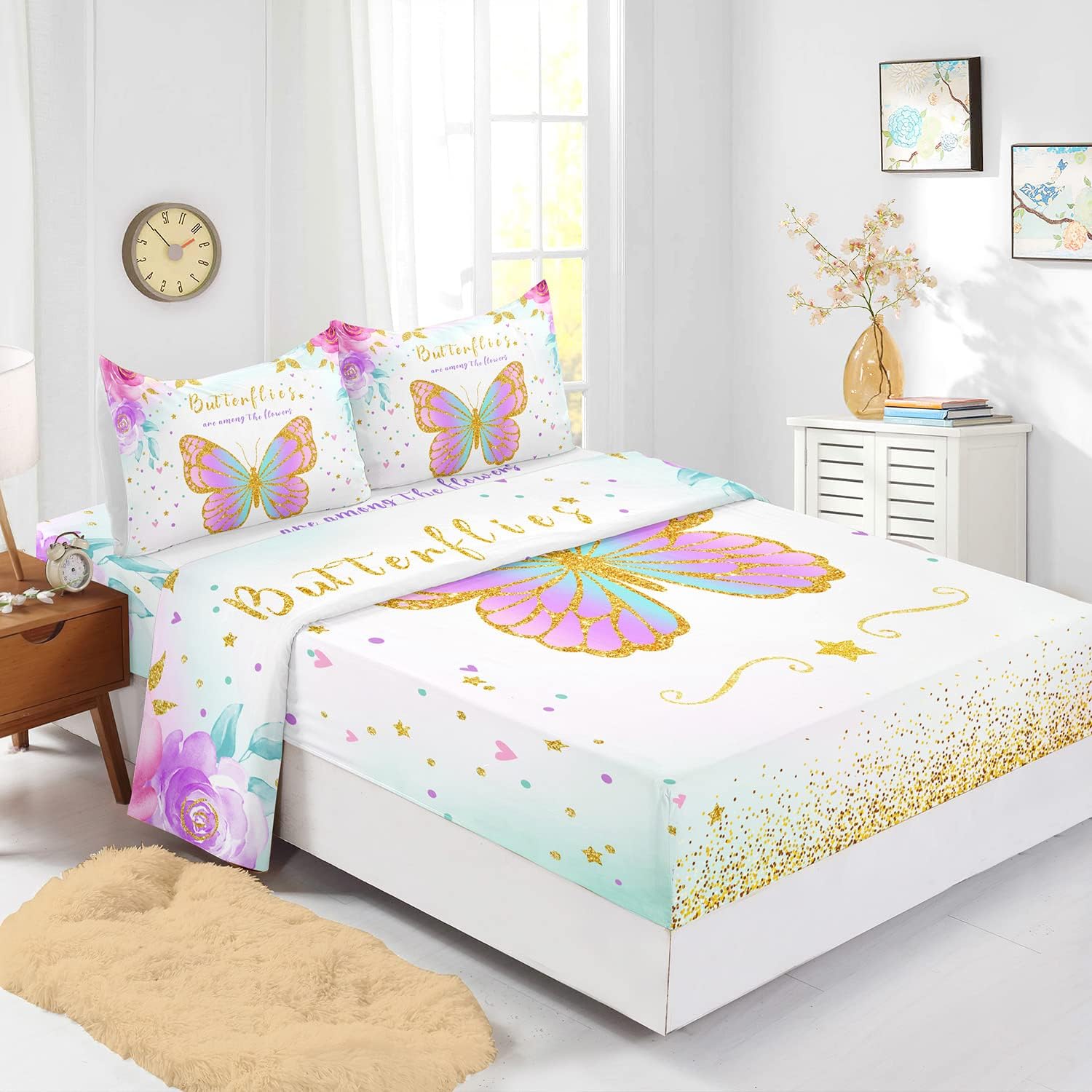 CVHOUSE Juego de sábanas bajeras de mariposa tamaño matrimonial, juego de ropa de cama de mariposas coloridas, 1 sábana encimera y 1 sábana bajera