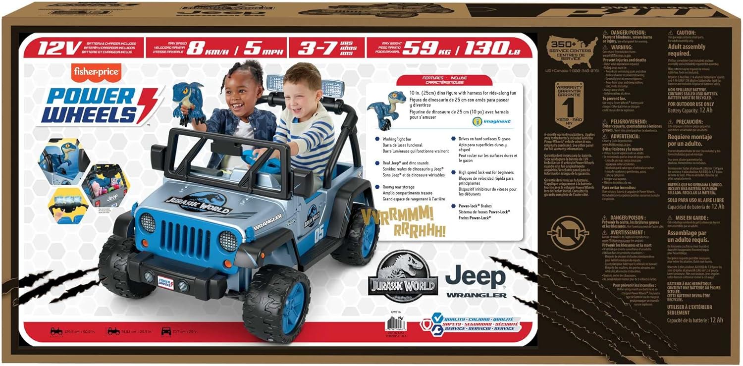 Power Wheels Jurassic World Dino Damage Jeep Wrangler – Juguete para montar con luces, sonidos y dinosaurios, tracción multiterreno, juguete