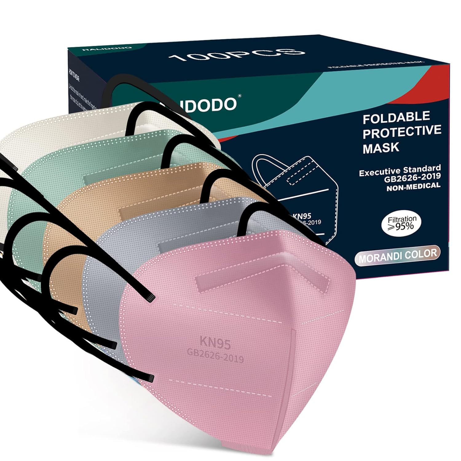 HALIDODO Paquete de 100 mascarillas KN95 envueltas individualmente, 5 capas, transpirable y cómodo, filtro de seguridad con cinta elástica para las