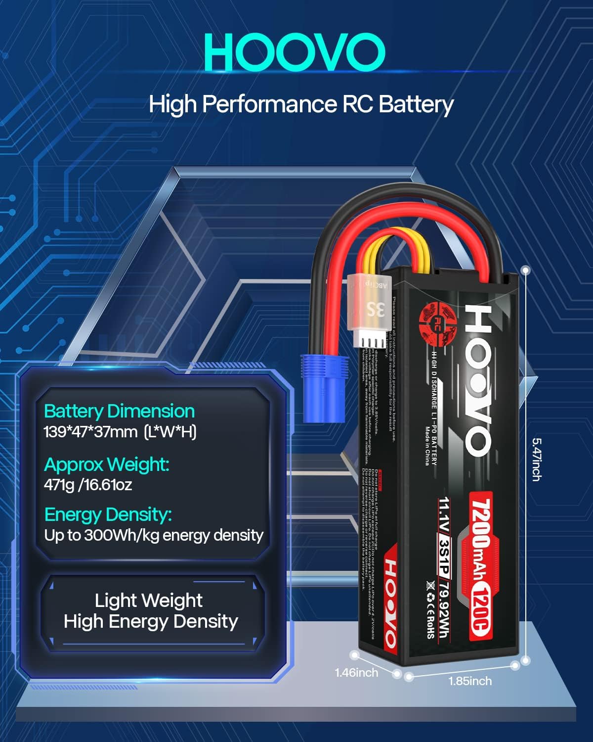 HOOVO Funda rígida de batería Lipo de 11.1 V 120C 7200 mAh 3S con conector EC5 compatible con RC Car Truck Buggy RC Boat Tracxas LOSI Associated