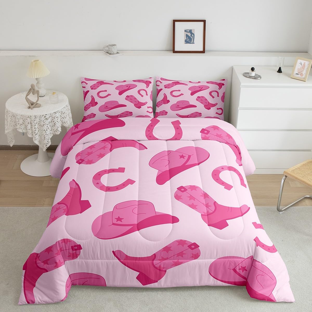 Erosebridal Juego de ropa de cama de vaquera, lindo juego de edredón de vaquera rosa kawaii, regalo para niñas y mujeres, sombrero de vaquero, botas