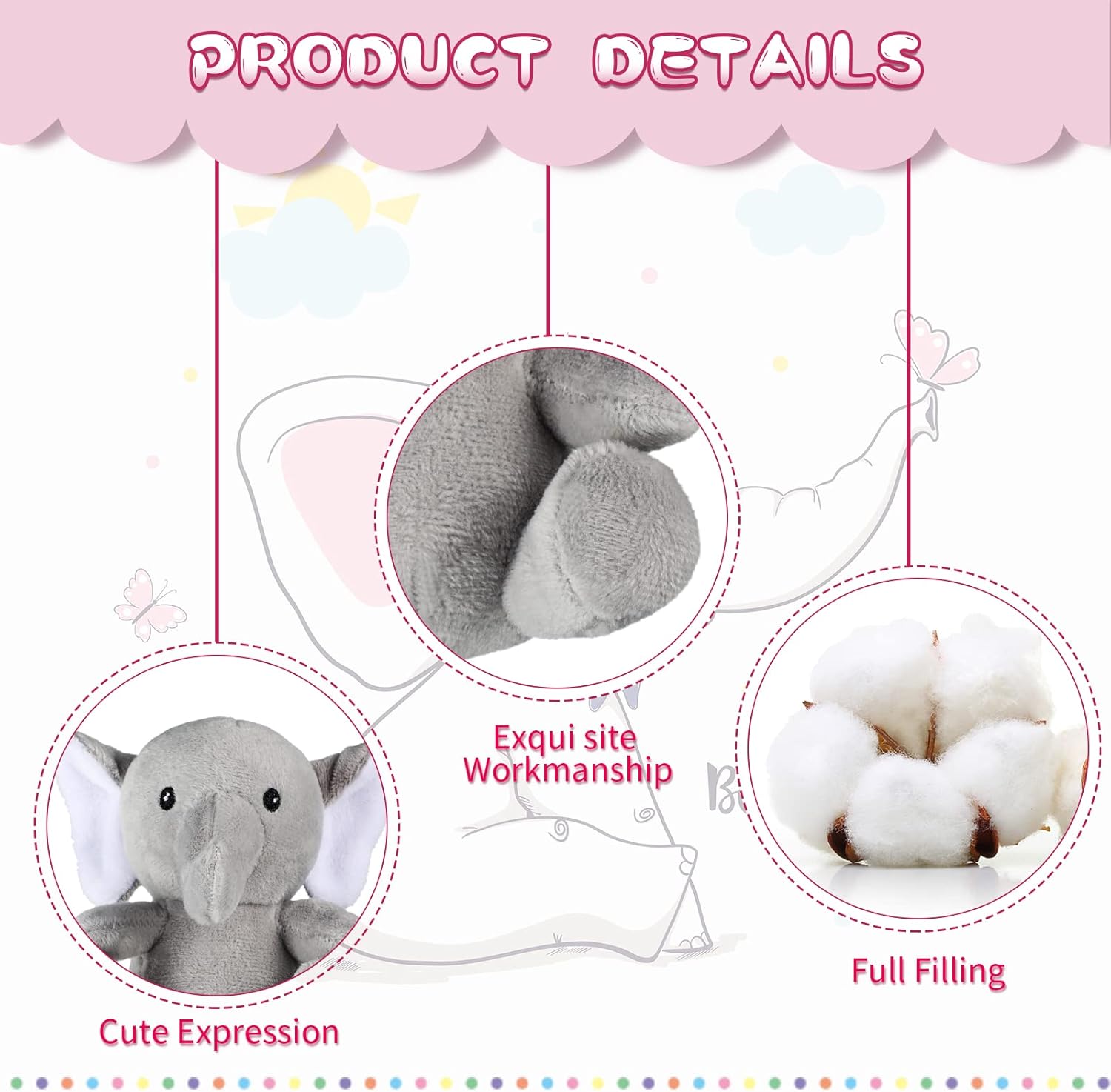Skylety 4 piezas de mini elefante, juguetes de peluche de elefante, lindos animales suaves del bosque para baby shower, niños y niñas, suministros