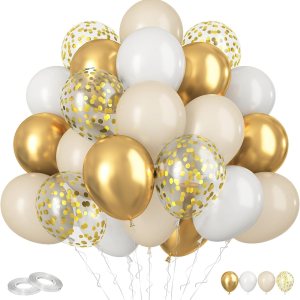 Funhot Globos blancos y dorados, 60 globos dorados y beige, globos de confeti dorado metálico de 12 pulgadas, globos de látex blanco helio para Funhot Globos blancos y dorados, 60 globos dorados y beige, globos de confeti dorado metálico de 12 pulgadas, globos de látex blanco helio para