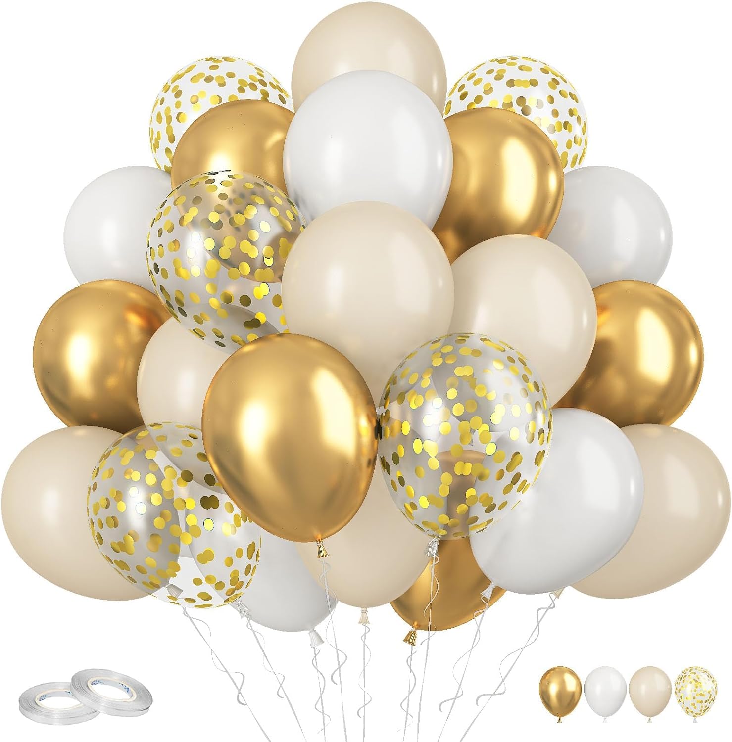 Funhot Globos blancos y dorados, 60 globos dorados y beige, globos de confeti dorado metálico de 12 pulgadas, globos de látex blanco helio para
