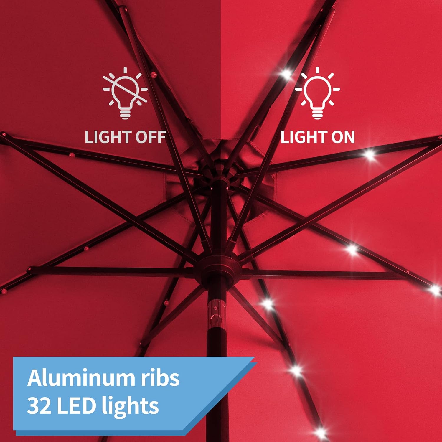 Sombrilla solar de 9 pies con 32 luces LED para patio con 8 varillas, inclinación y manivela, sombrilla de mesa de mercado para jardín, terraza,