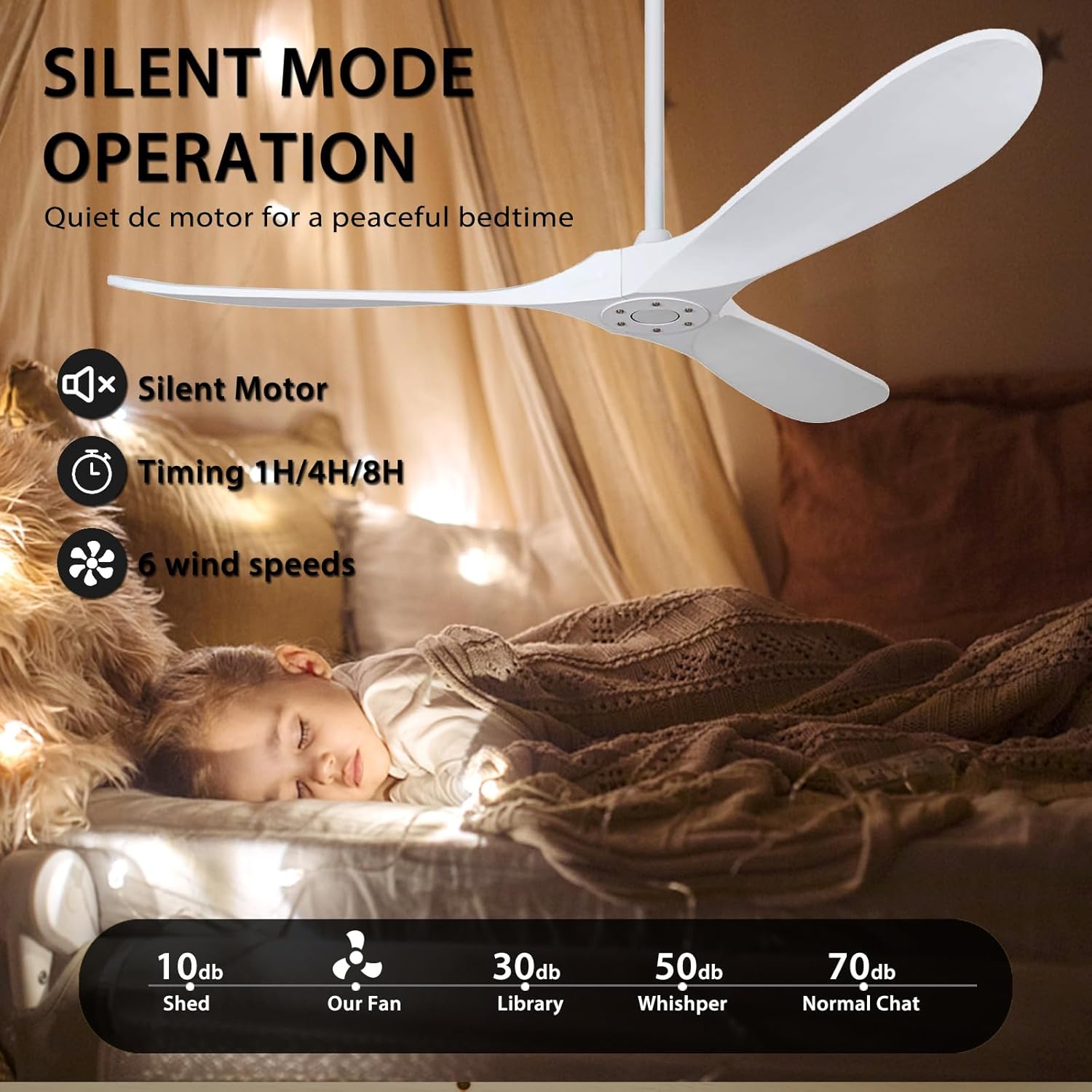 YKXONFA Ventilador de techo de madera de 70 pulgadas sin luz, ventiladores de techo con 3 aspas y varillas inferiores, 6 velocidades, motor de CC,