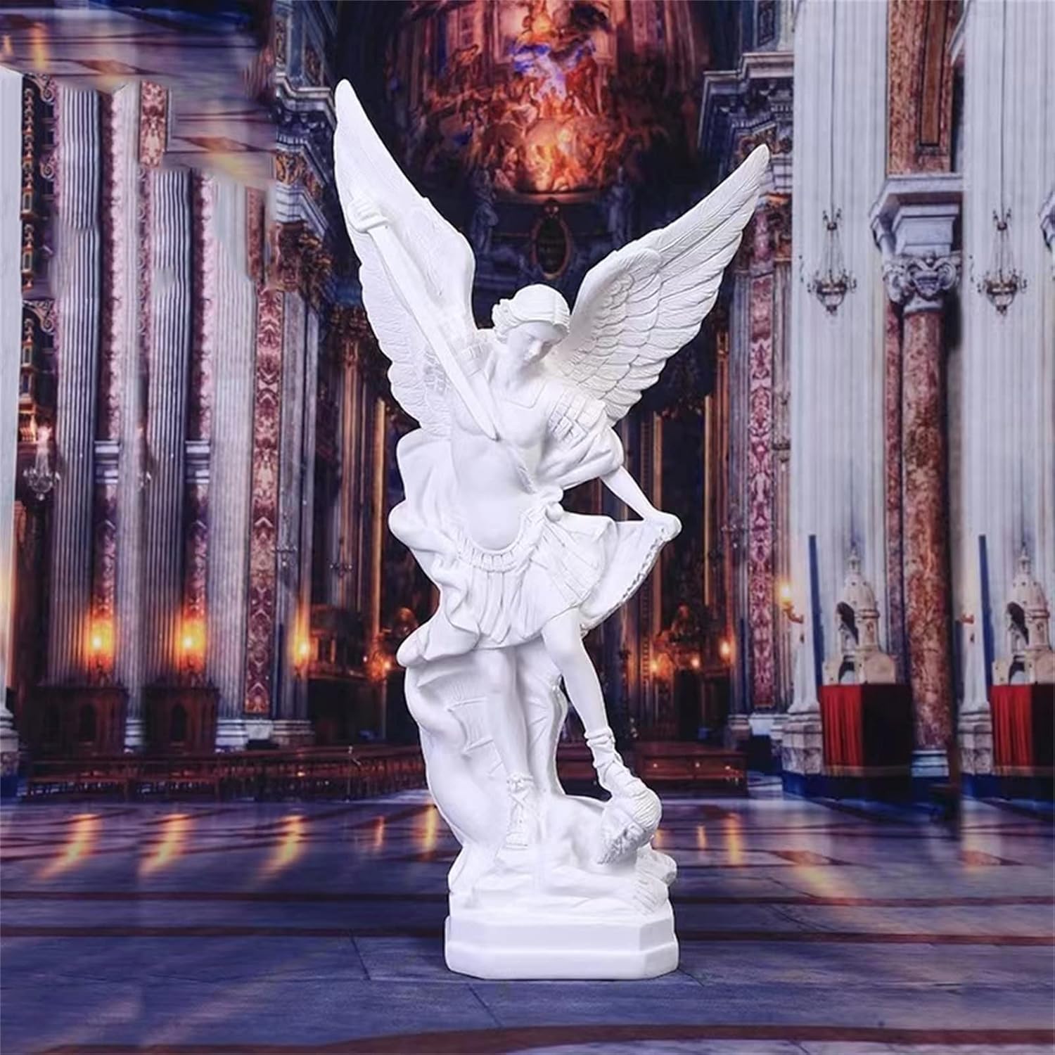 Estatua de ángel blanco puro, resina de 12 pulgadas, figura de demonio matador de arcángel de San Miguel, adornos de ángel católico de la justicia