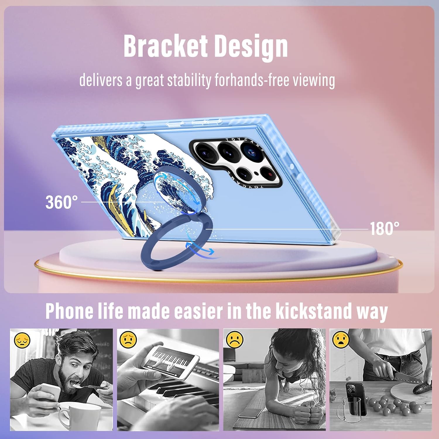 Toycamp Funda para S23 Ultra con soporte de anillo, bonito diseño de olas de mar para mujeres, niñas, niños y adolescentes para S23 Ultra, bonita