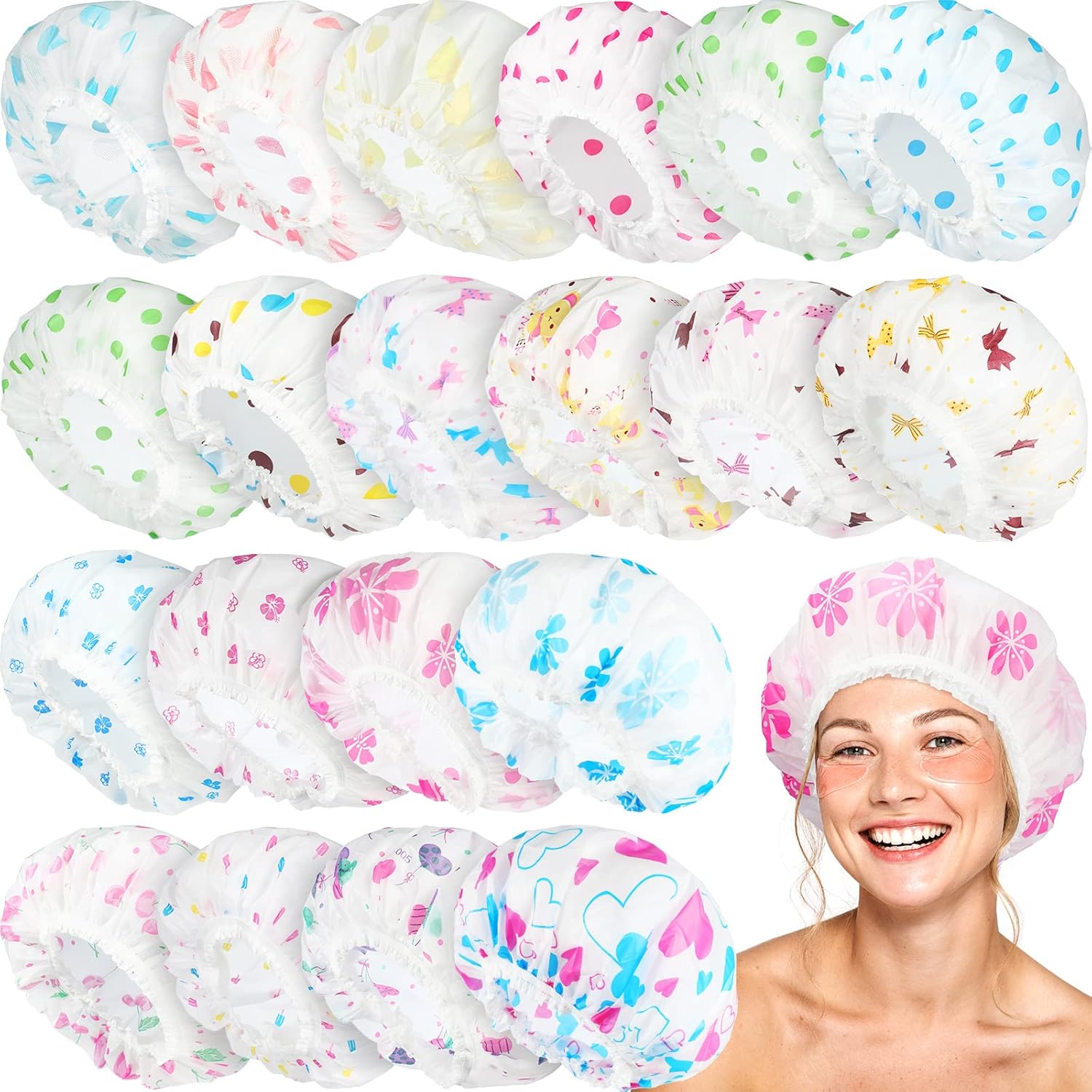 Gorros de ducha impermeables para mujer, 20 unidades, de plástico surtido, reutilizables, para baño, salón, banda elástica, gorras de baño para
