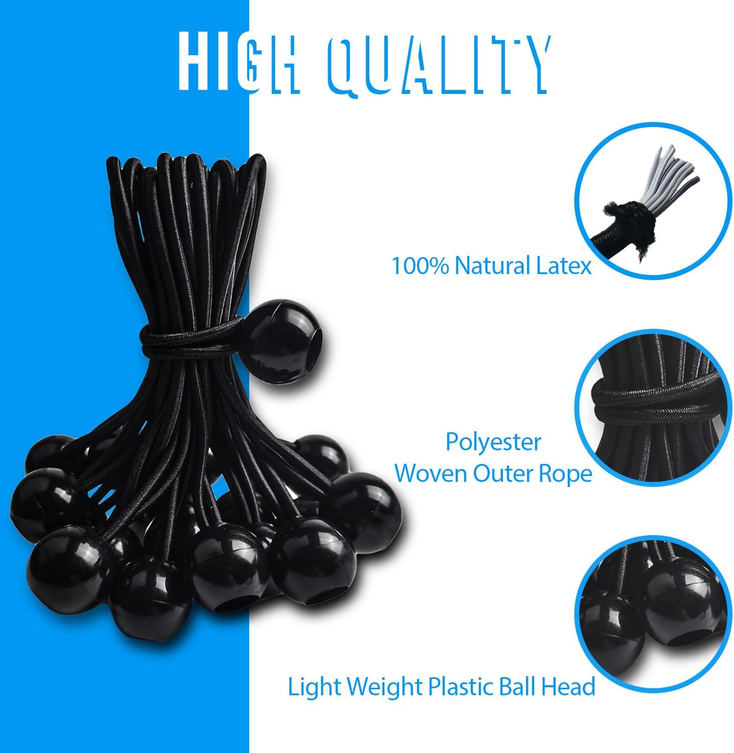 70 cuerdas elásticas negras de 6 pulgadas con bola, cuerda elástica de bola resistente para exteriores e interiores, bolas elásticas de lona para