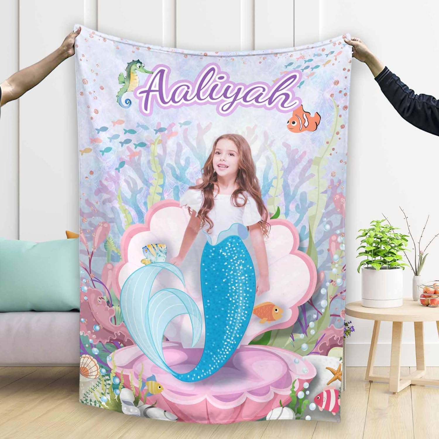 Artsadd Manta de sirena con foto de nombre, regalos personalizados de sirena para niñas, manta de sirena personalizada, regalos para niños y niñas,