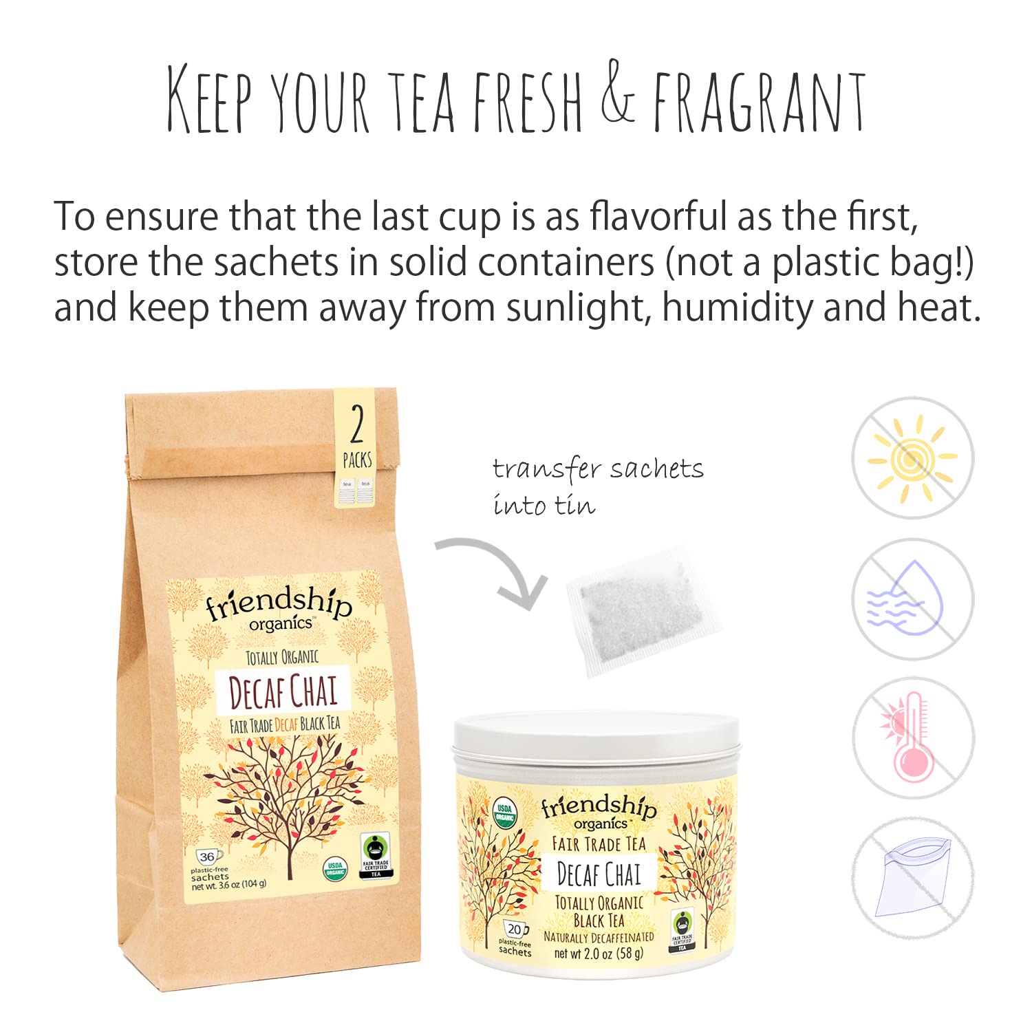 Friendship Organics Bolsas de té Chai descafeinadas, orgánicas y de comercio justo, 36 unidades (paquete de 2)