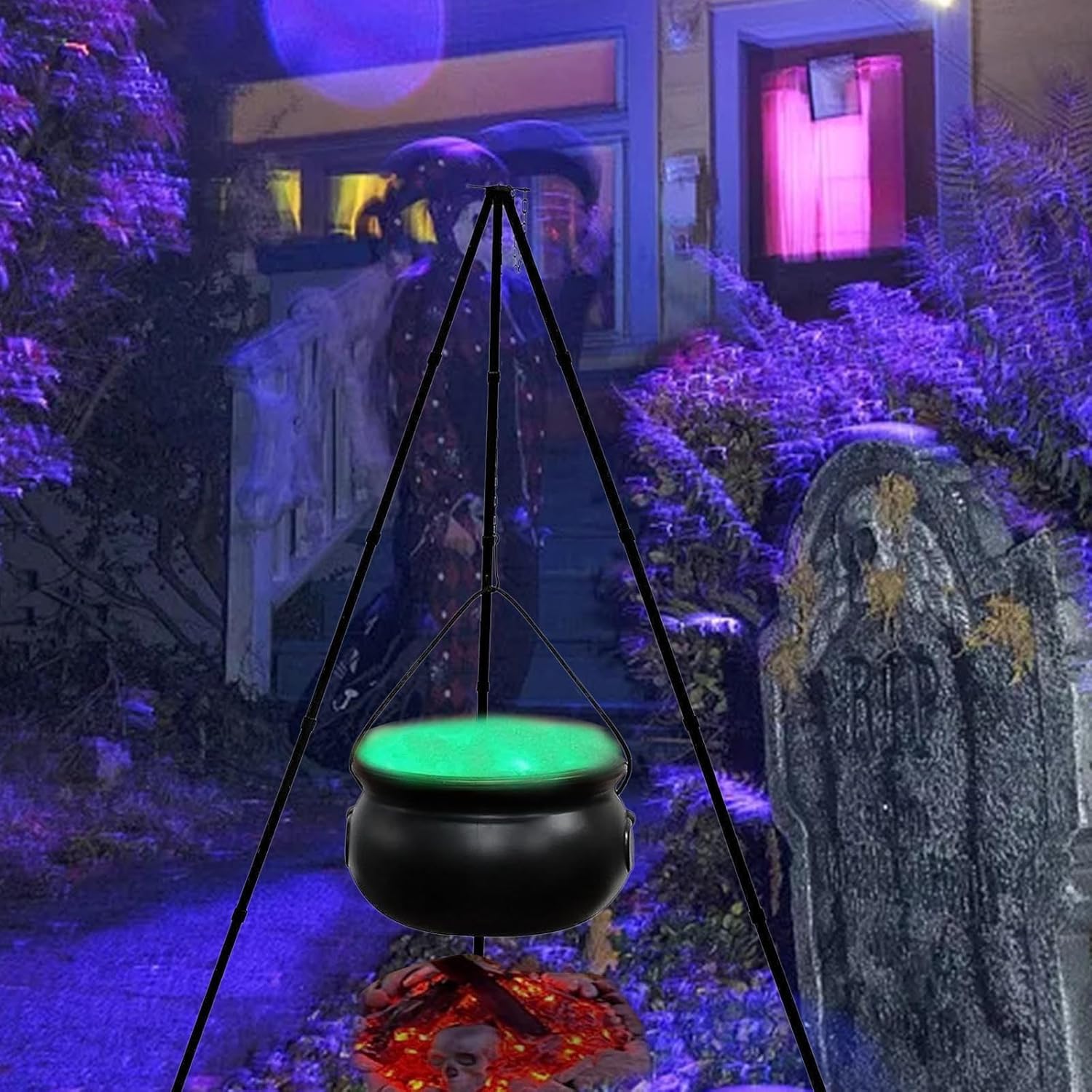 Decoraciones de Halloween para exteriores, caldero de bruja con luz, soporte de trípode, decoración de cuenco de plástico negro, decoración de cubo