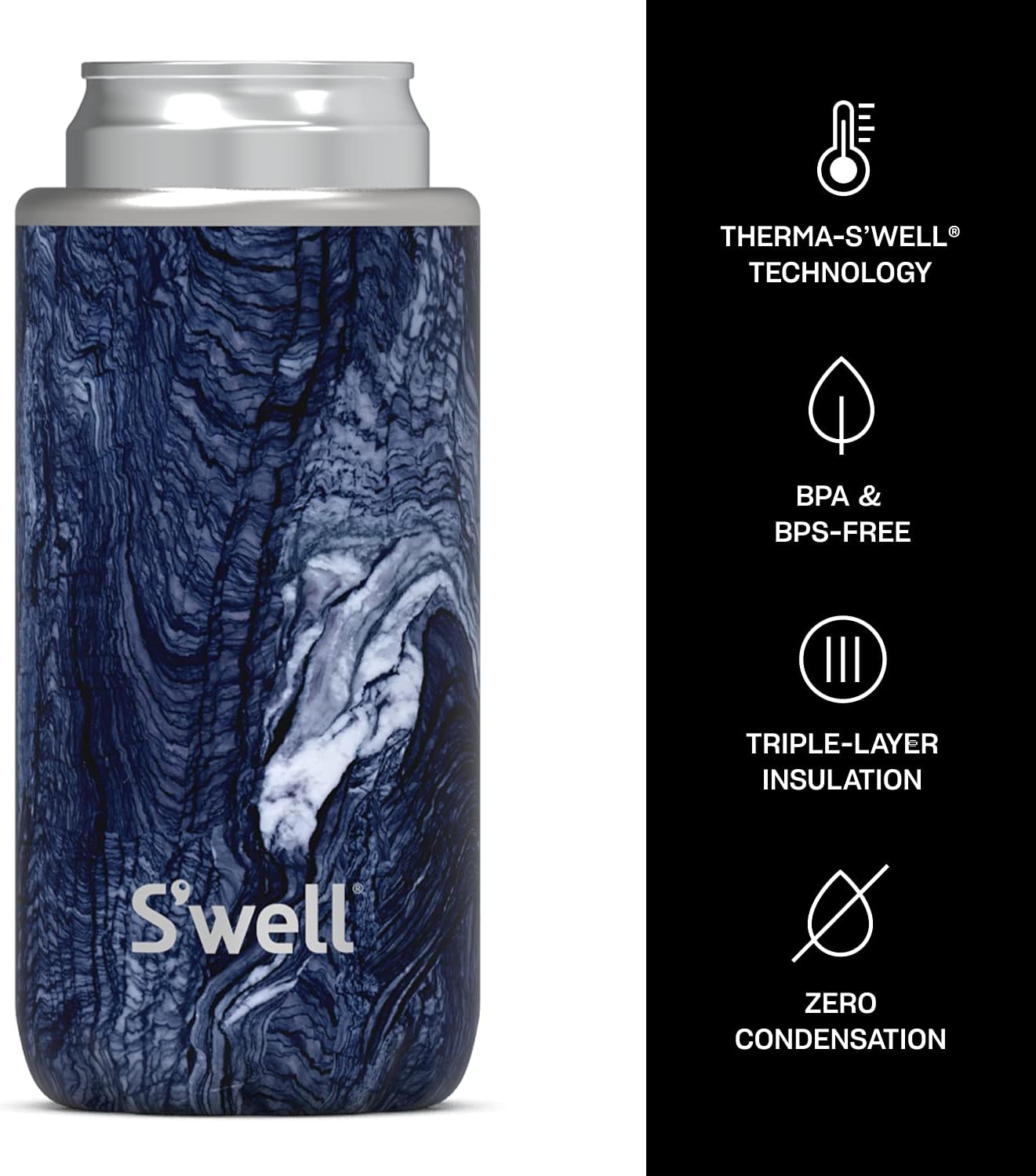 S’well Enfriador de acero inoxidable, mármol azurita delgado, se adapta a latas de 12 onzas y botellas delgadas, aislamiento al vacío de triple