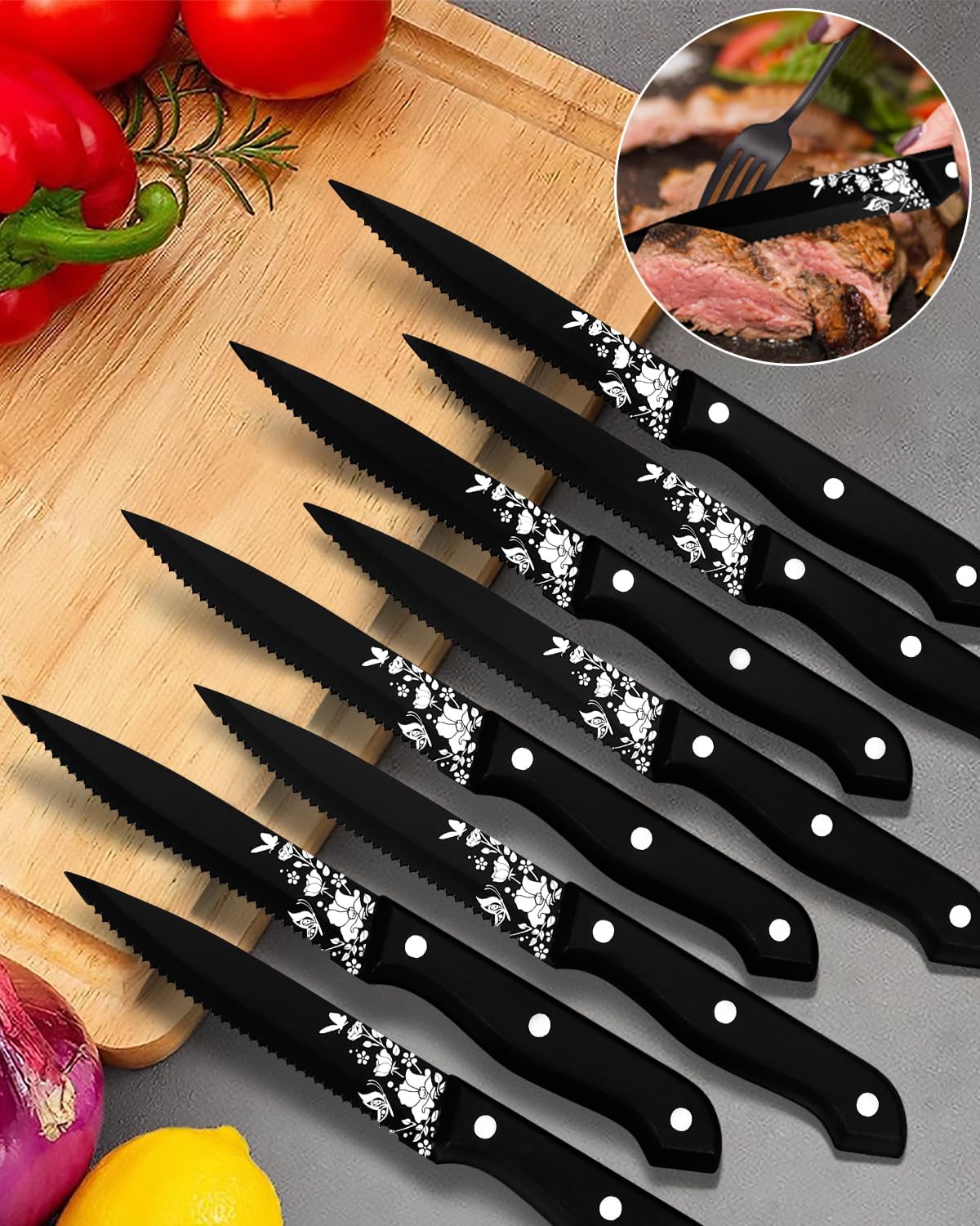 Stapava Juego de 8 cuchillos para carne, acero inoxidable, color negro, afilado, dentado, mate, con patrón láser, para cocina, restaurante, picnic,