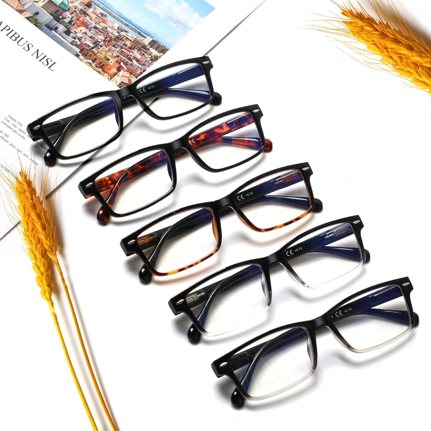 Henotin Paquete de 5 lentes de lectura de calidad, bisagra de resorte, lentes de bloqueo de luz azul para hombres y mujeres, Varios colores
