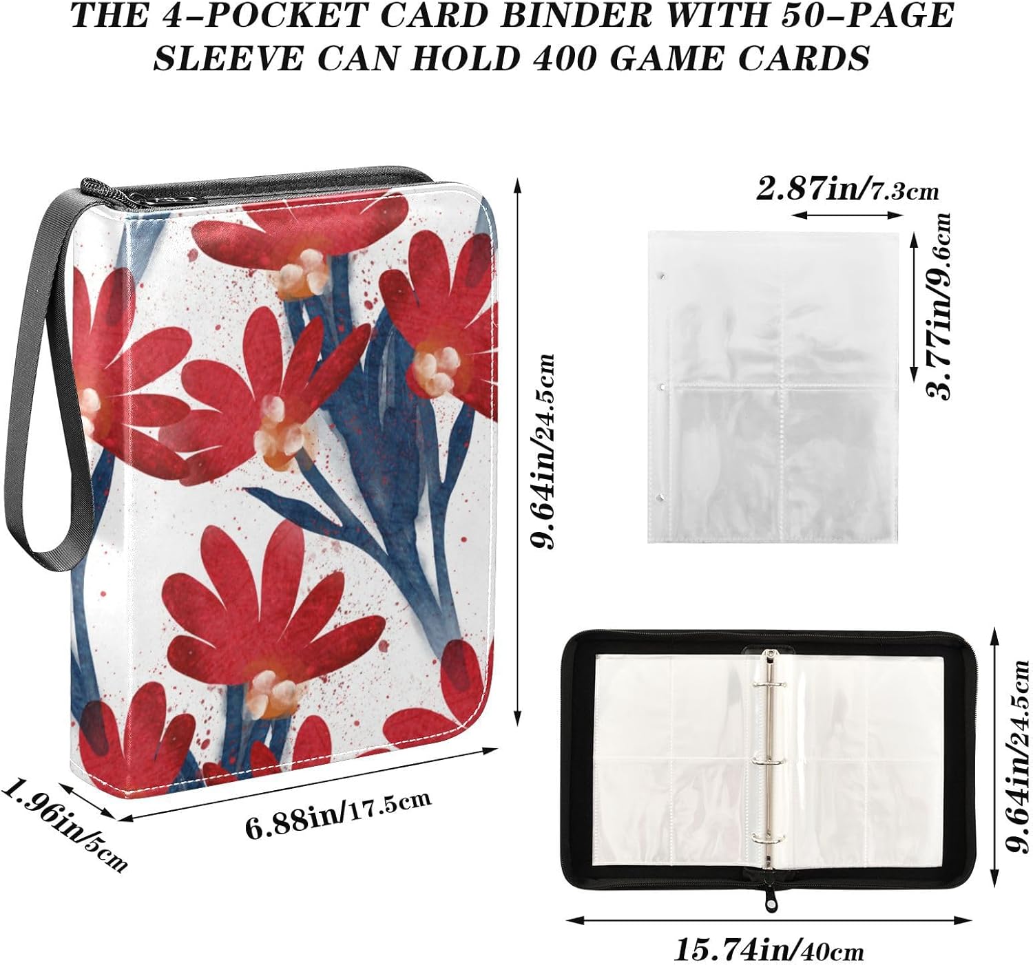 Spring Floral Flower Trading Card Binder 4-Pocket Card Holder with 50 Removable Sleeves 3-Ring Card Albums Binder Holds Up to 400 Cards Card Book