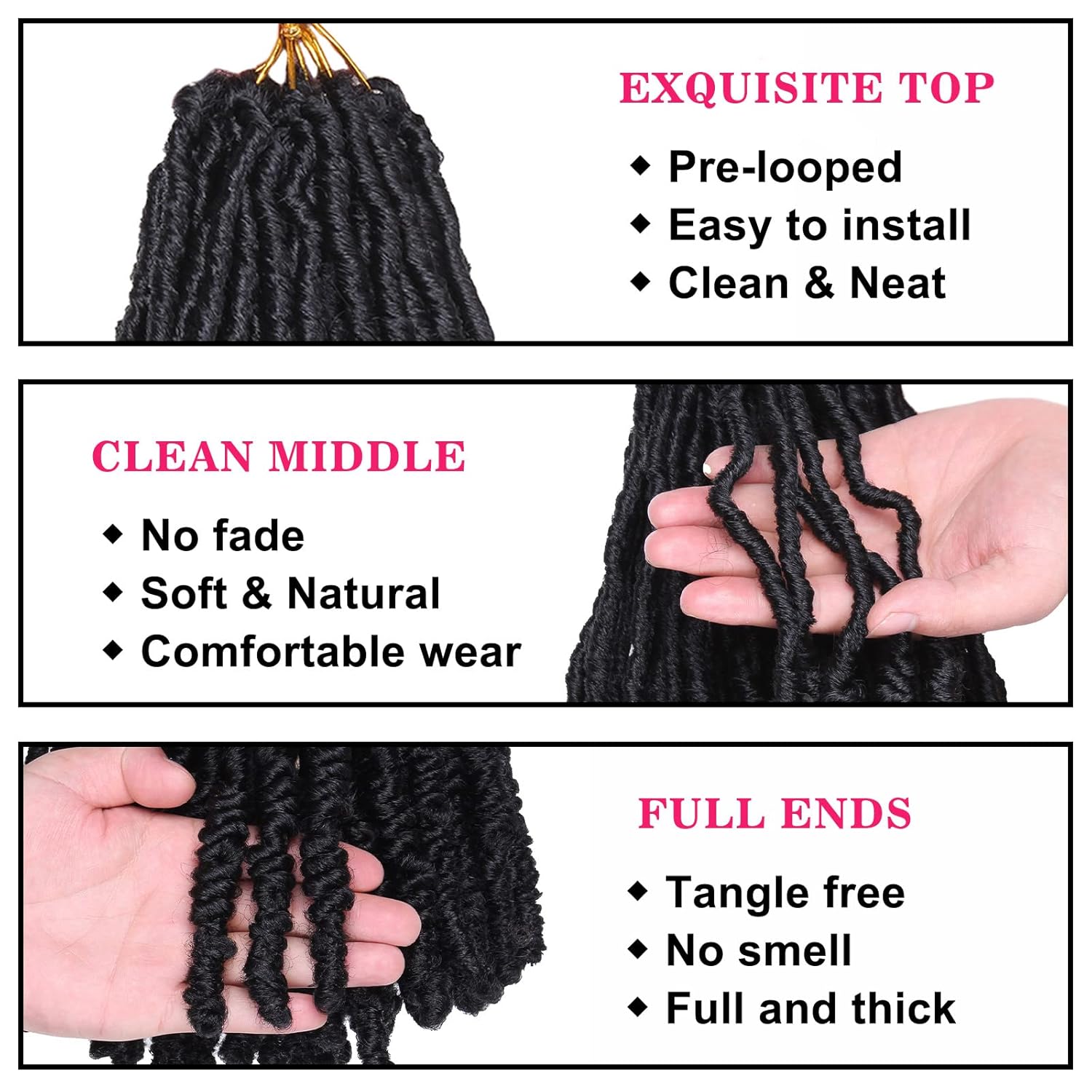 COOKOO Rastas de ganchillo de 12 pulgadas, 8 paquetes de trenzas de ganchillo de color negro natural pretrenzado suave con nudos cortos, extensiones