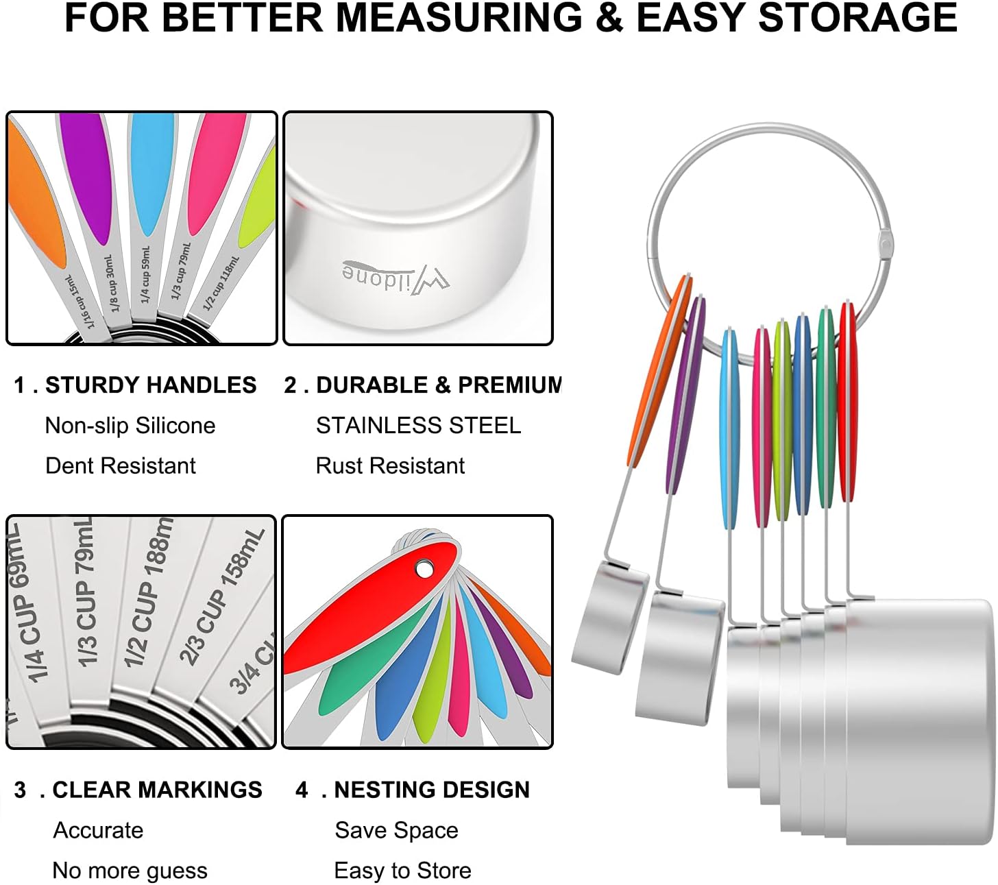 Wildone – Juego de 20 tazas y cucharas medidoras de acero inoxidable, apilables, incluye 8 tazas medidoras, 10 cucharas medidoras, 1 nivelador y 1