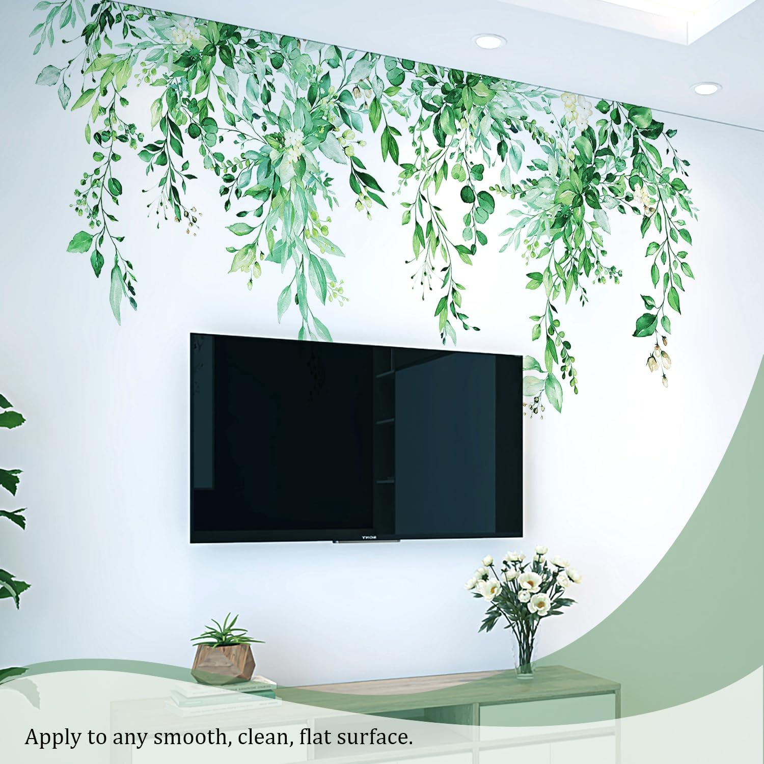 VePret Calcomanías de pared de hojas de plantas verde esmeralda, calcomanías de vinilo de flores grandes, calcomanías de pared de vid extraíbles,