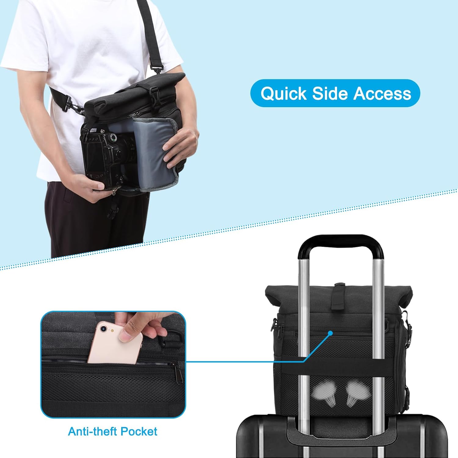 MOSISO Bolsa cruzada para cámara DSLRSLRSLRsin espejo, funda de lona para cámara con compartimento superior enrollable expandible compatible con