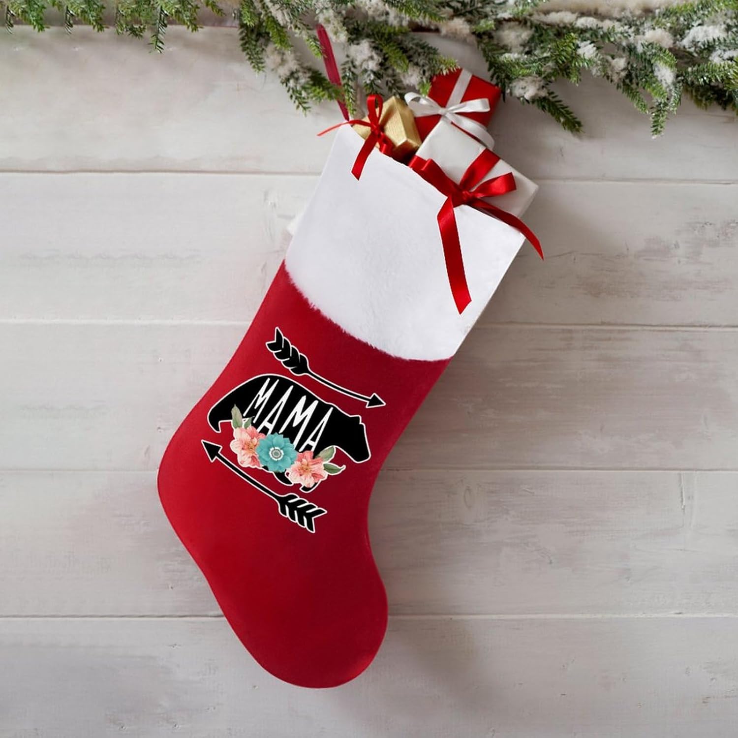 Calcetines de Navidad personalizados con diseño de mamá oso para chimenea, decoración de fiestas navideñas