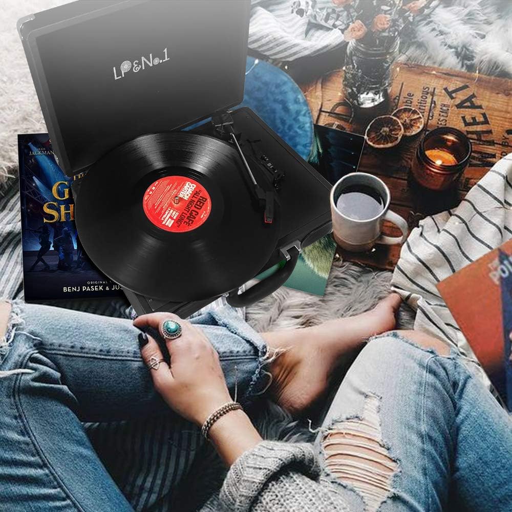 LP&No.1 Tocadiscos portátil de maleta con altavoz estéreo, reproductor de discos de vinilo de 3 velocidades con transmisión por correa, negro clásico
