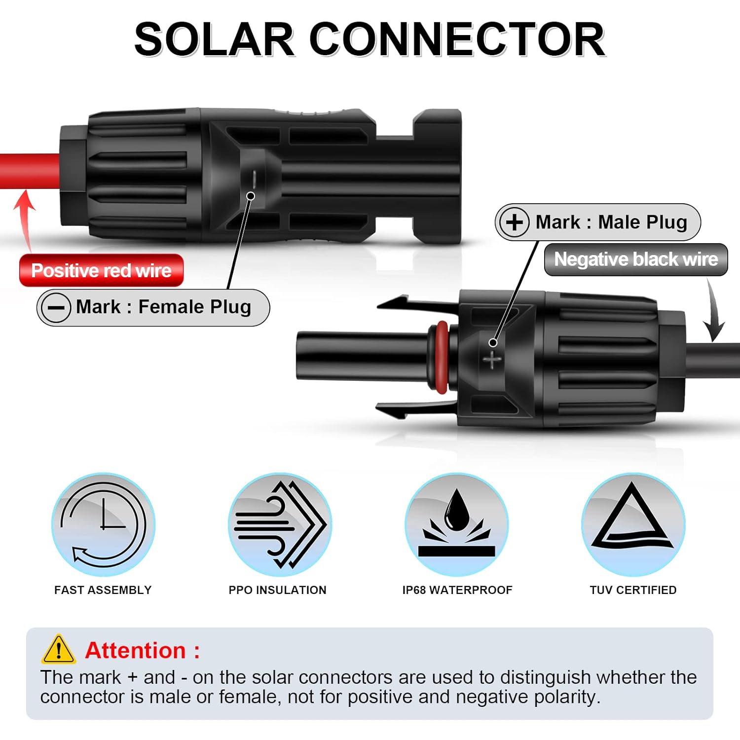 iGreely 1 par de cable de extensión de panel solar de 20 pies negro + 20 pies rojo 10 AWG (6 mm) con conectores hembra y macho