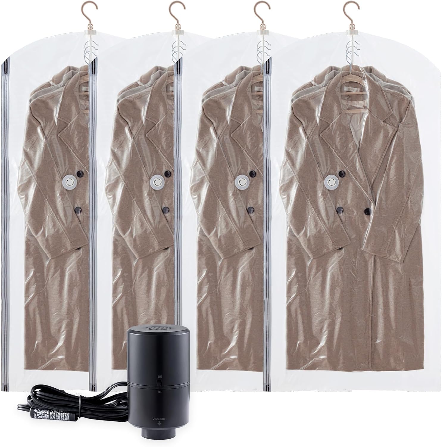 TAILI Bolsas de almacenamiento al vacío colgantes con bomba de aire eléctrica, 4 bolsas selladoras al vacío para ropa, bolsas ahorradoras de espacio