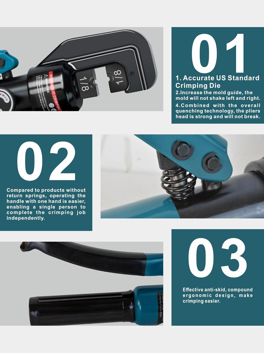 AMZCNC Kit de herramientas de prensado hidráulico con 9 troqueles de cable de cobre estándar de Estados Unidos (12AWG a 20AWG) y troqueles de acero