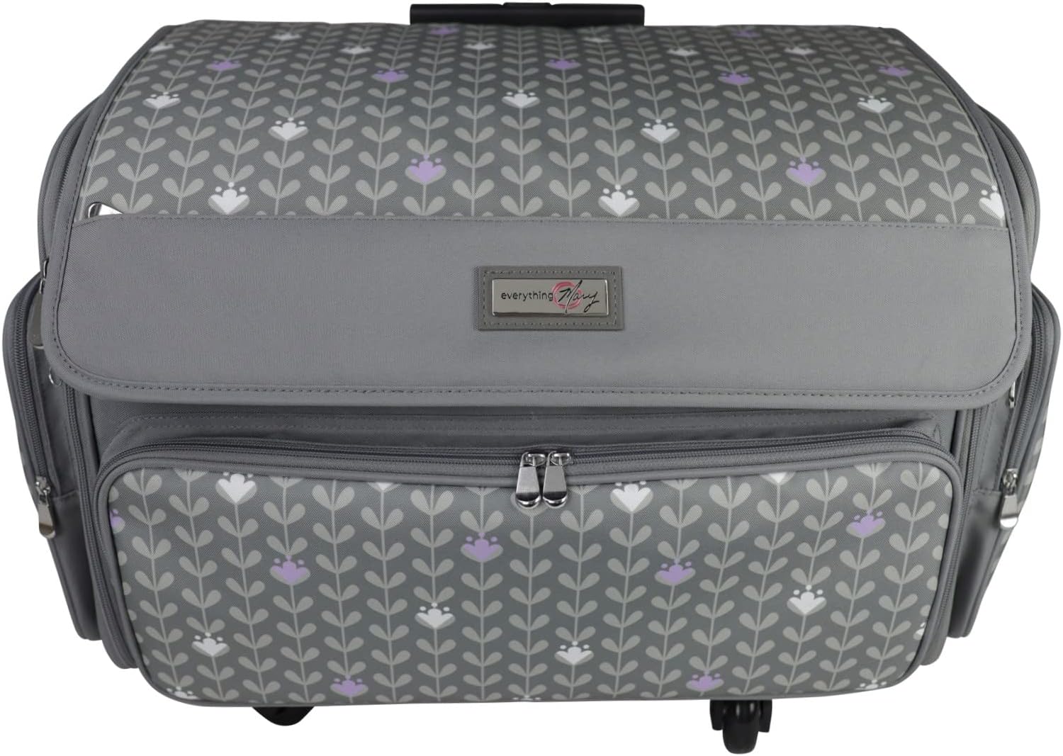 Everything Mary Estuche de almacenamiento plegable de lujo para máquina de coser de 4 ruedas, color morado floral, bolsa de transporte con ruedas