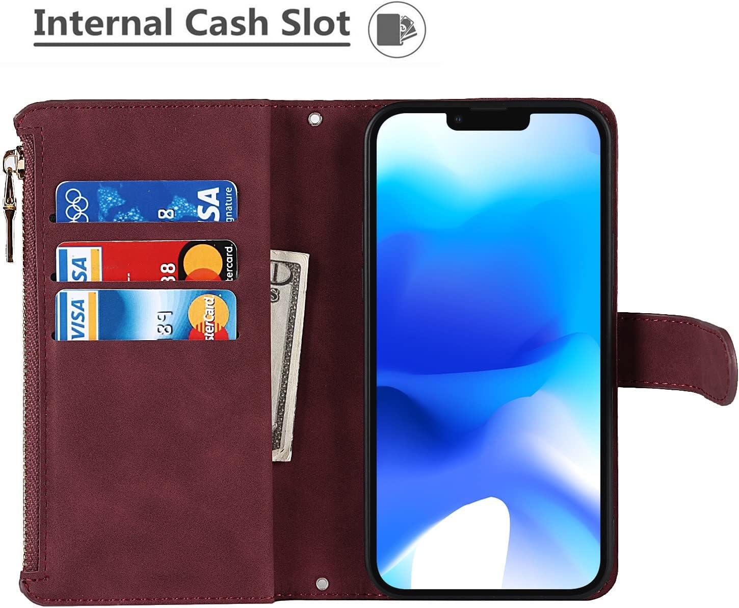 iCoverCase Funda tipo cartera para iPhone 14 con tarjetero y cordón cruzado ajustable, ranuras para tarjetas de piel sintética (no desmontable),