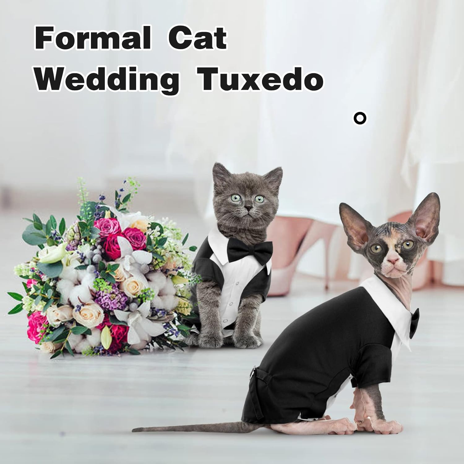 DENTRUN Traje de esmoquin de gato con dos corbatines, elegante camisa de gato, atuendo formal de gato, ropa de moda de gato sin pelo, atuendo formal