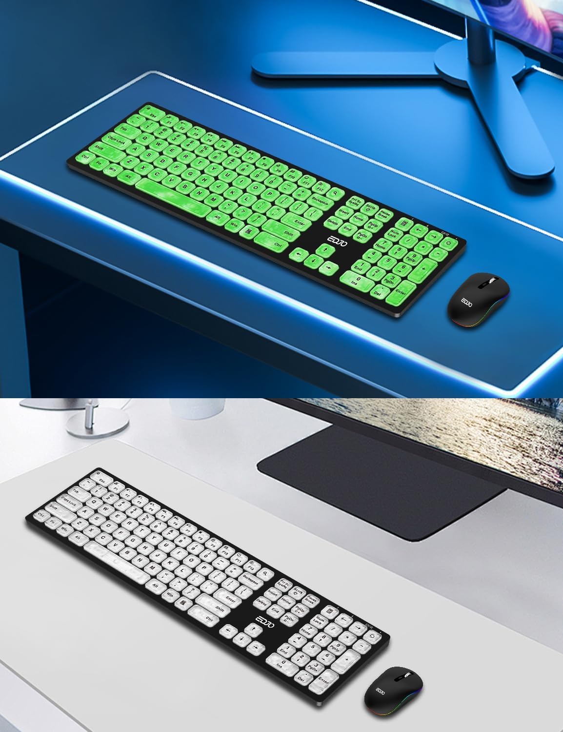 Combo de teclado y mouse inalámbricos, 7 efectos retroiluminados, teclado silencioso con mouse RGB, recargable, delgado, modo de sueño, juego de