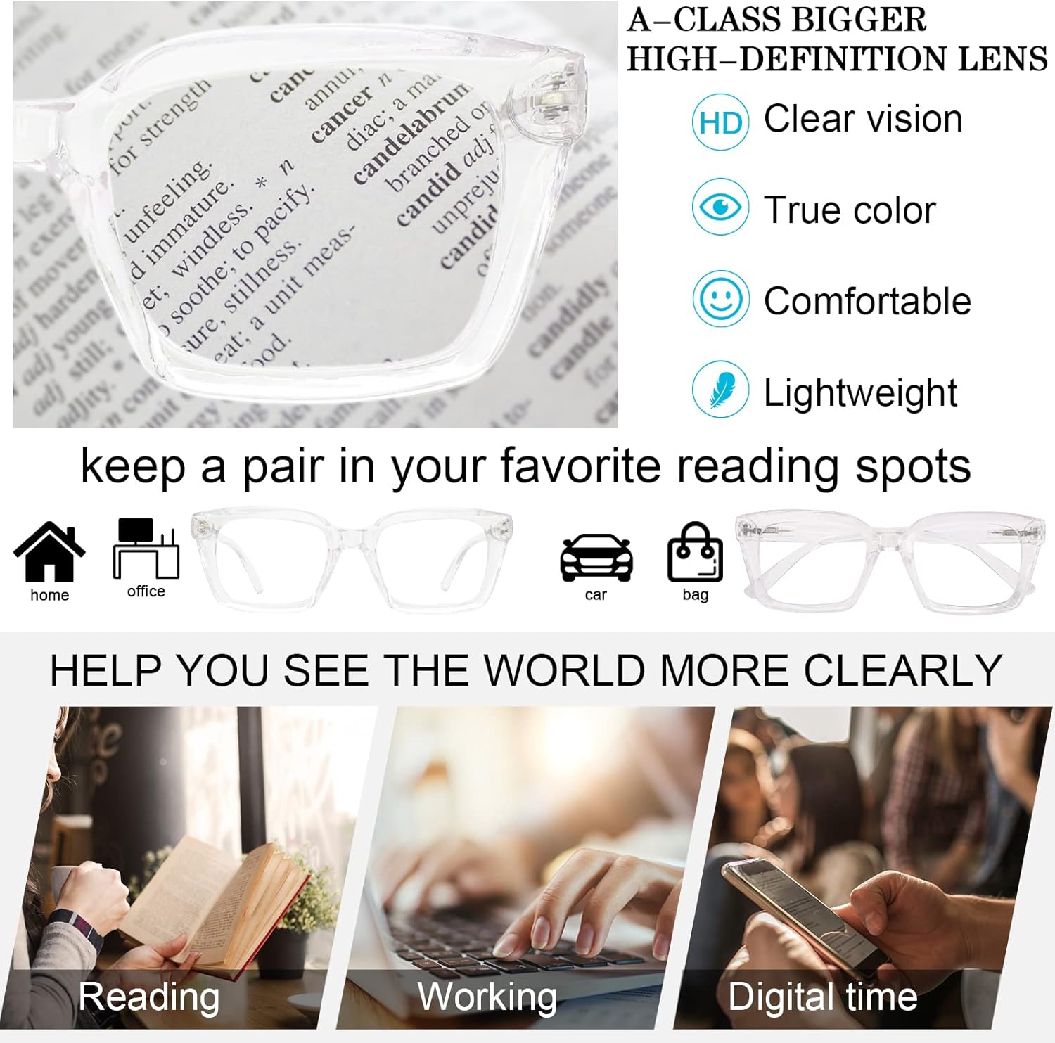MARE AZZURO 2 pares de anteojos de lectura 2.00 para mujer, elegantes lectores de gran tamaño 100, 150, 200, 250, 300, 350 (transparente, 2.0)
