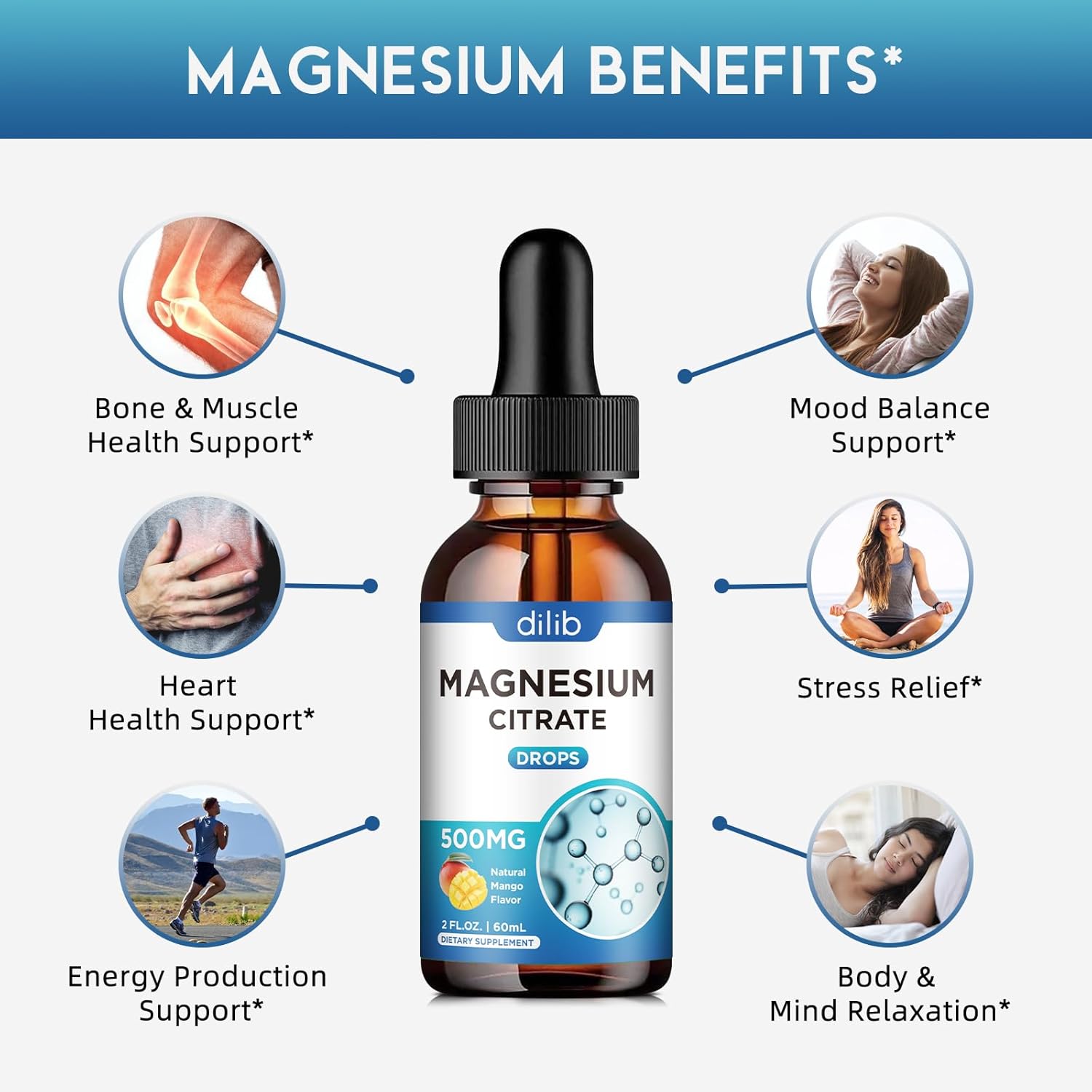 Suplemento líquido de citrato de magnesio de 500 mg, ayuda al alivio del estrés, hueso, músculo, estado de ánimo, sueño, 2 onzas líquidas, vegano,