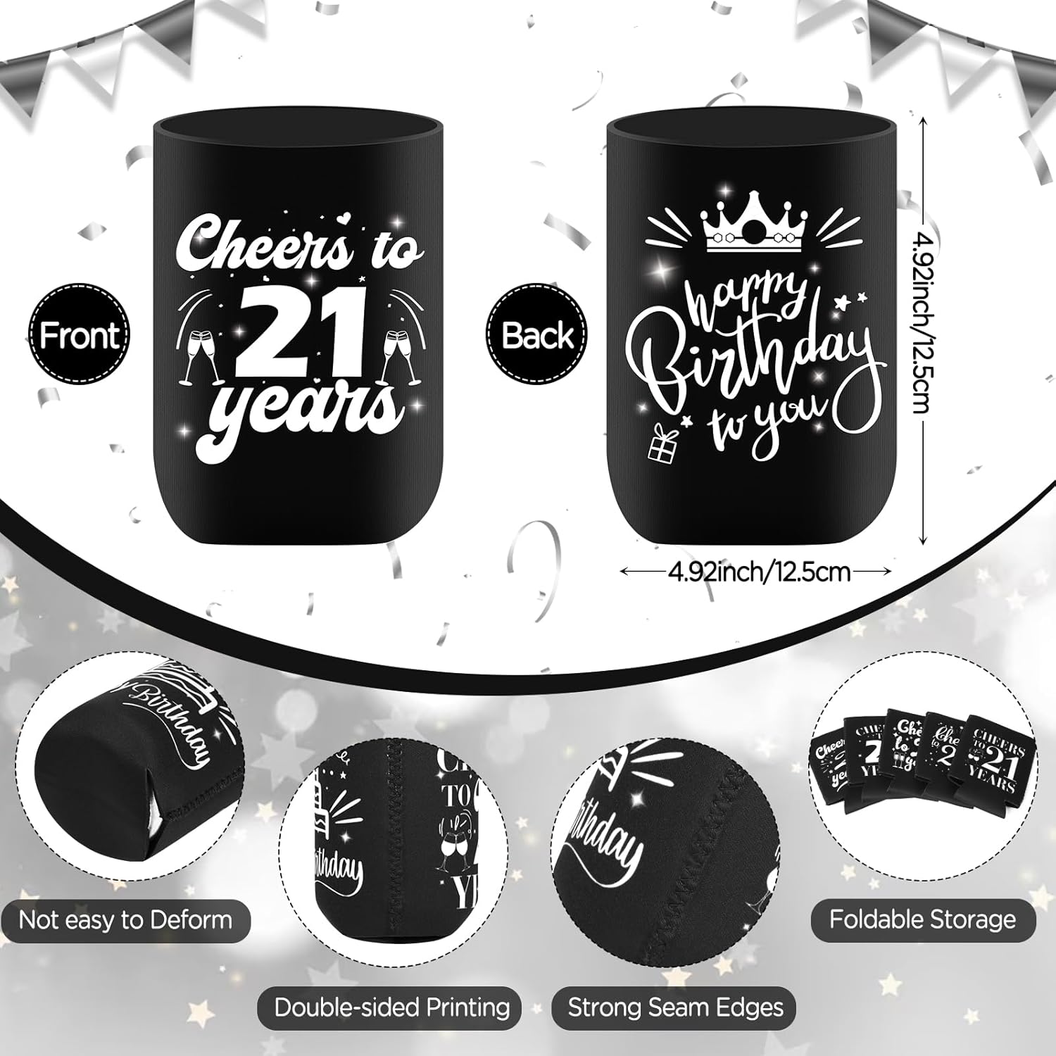 12 fundas enfriadoras para latas de cumpleaños de 21 años, color blanco y negro, decoraciones de cumpleaños 21 para hombres y mujeres, recuerdos de