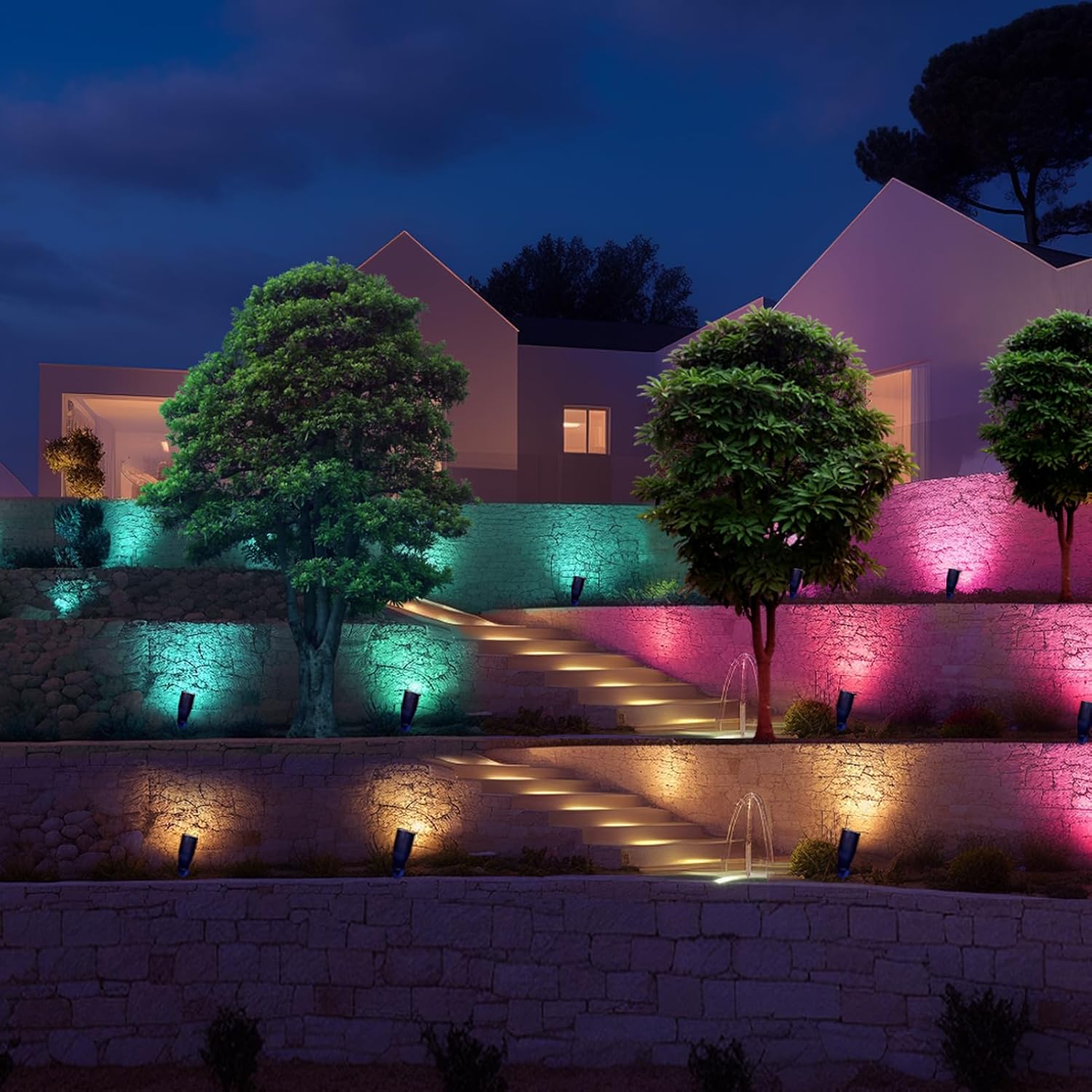iYogaled Iluminación de paisaje RGB de bajo voltaje, luces de paisaje de latón que cambian de color con 4 bombillas MR16, luces de 12 V al aire