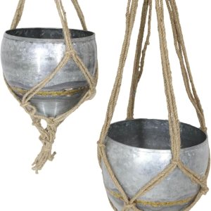 Ebros Gift Juego de 2 macetas rústicas de metal galvanizado para colgar en la pared con cuerdas tejidas de yute en tamaños escalonados para plantas, Ebros Gift Juego de 2 macetas rústicas de metal galvanizado para colgar en la pared con cuerdas tejidas de yute en tamaños escalonados para plantas,