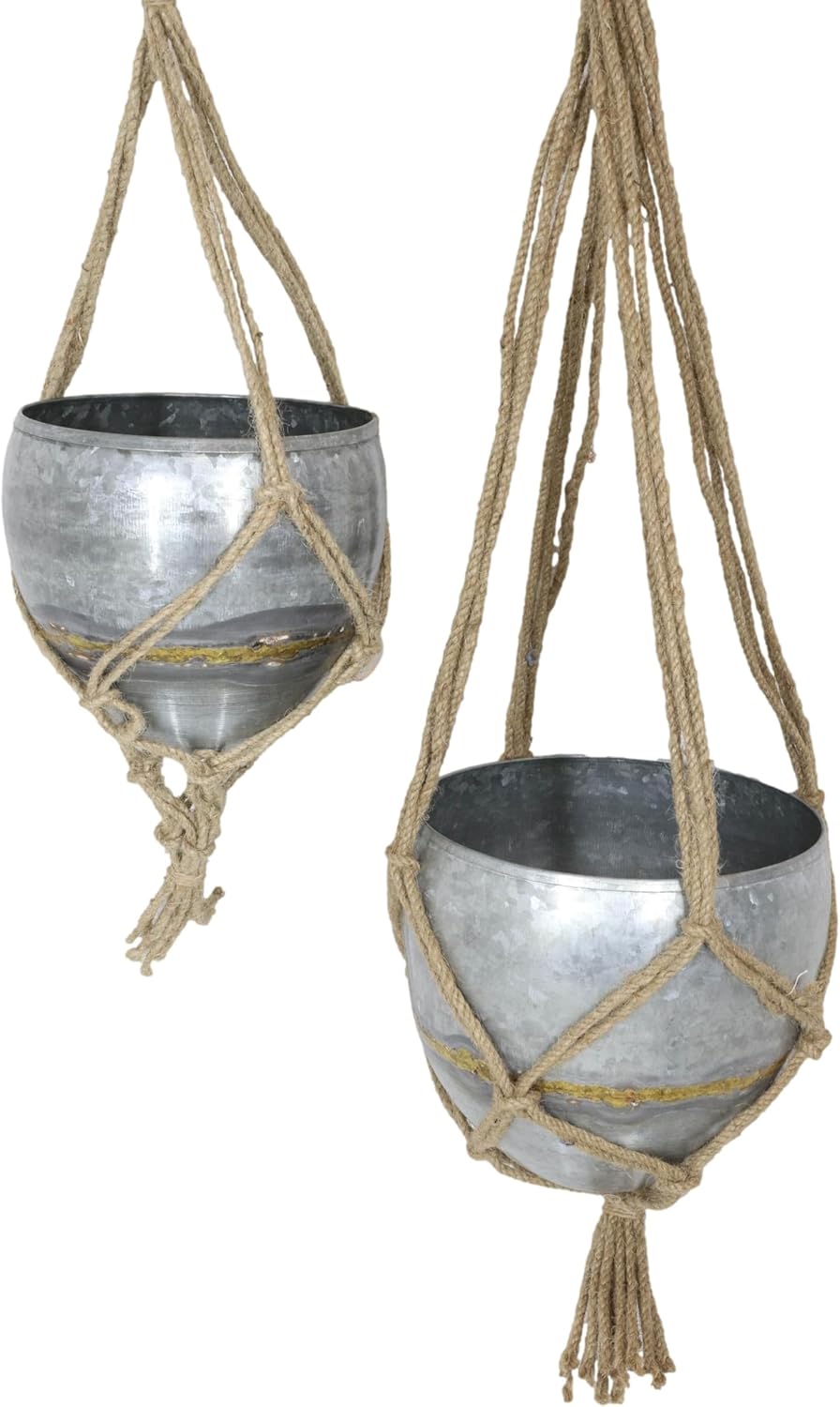 Ebros Gift Juego de 2 macetas rústicas de metal galvanizado para colgar en la pared con cuerdas tejidas de yute en tamaños escalonados para plantas,