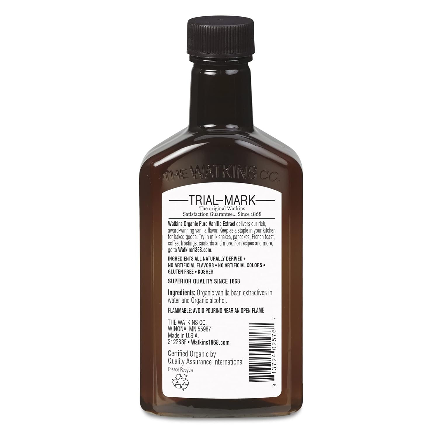 Watkins Extracto de vainilla puro orgánico, con granos de vainilla de Madagascar, sin OMG, Kosher, botella de 4 onzas, 1 paquete